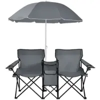 Costway Portable Folding Picnic Double Chair W/Umbrella Table Cooler Beach Camping - Gray - Front_Zoom