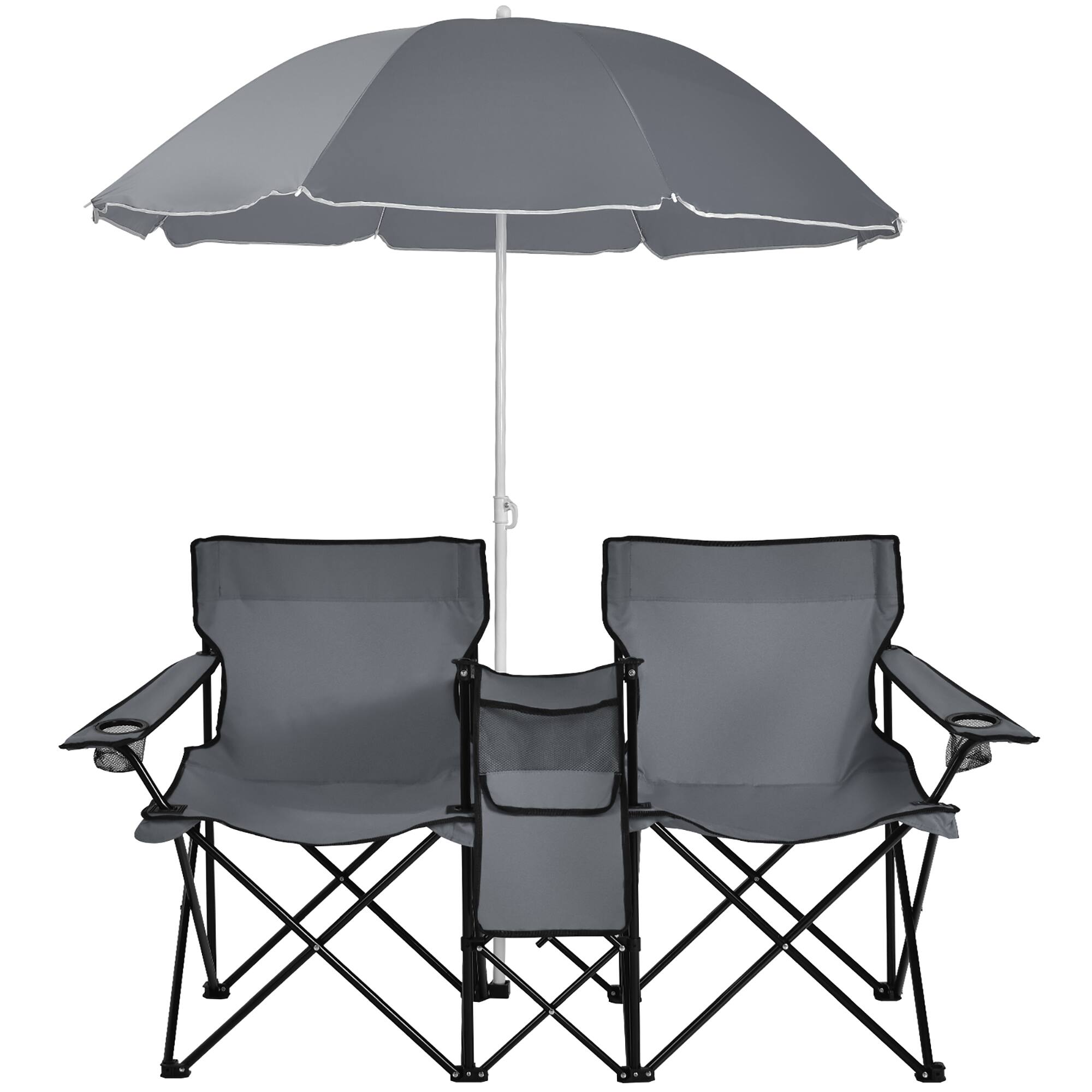 Costway - Portable Folding Picnic Double Chair W/Umbrella Table Cooler Beach Camping - Gray