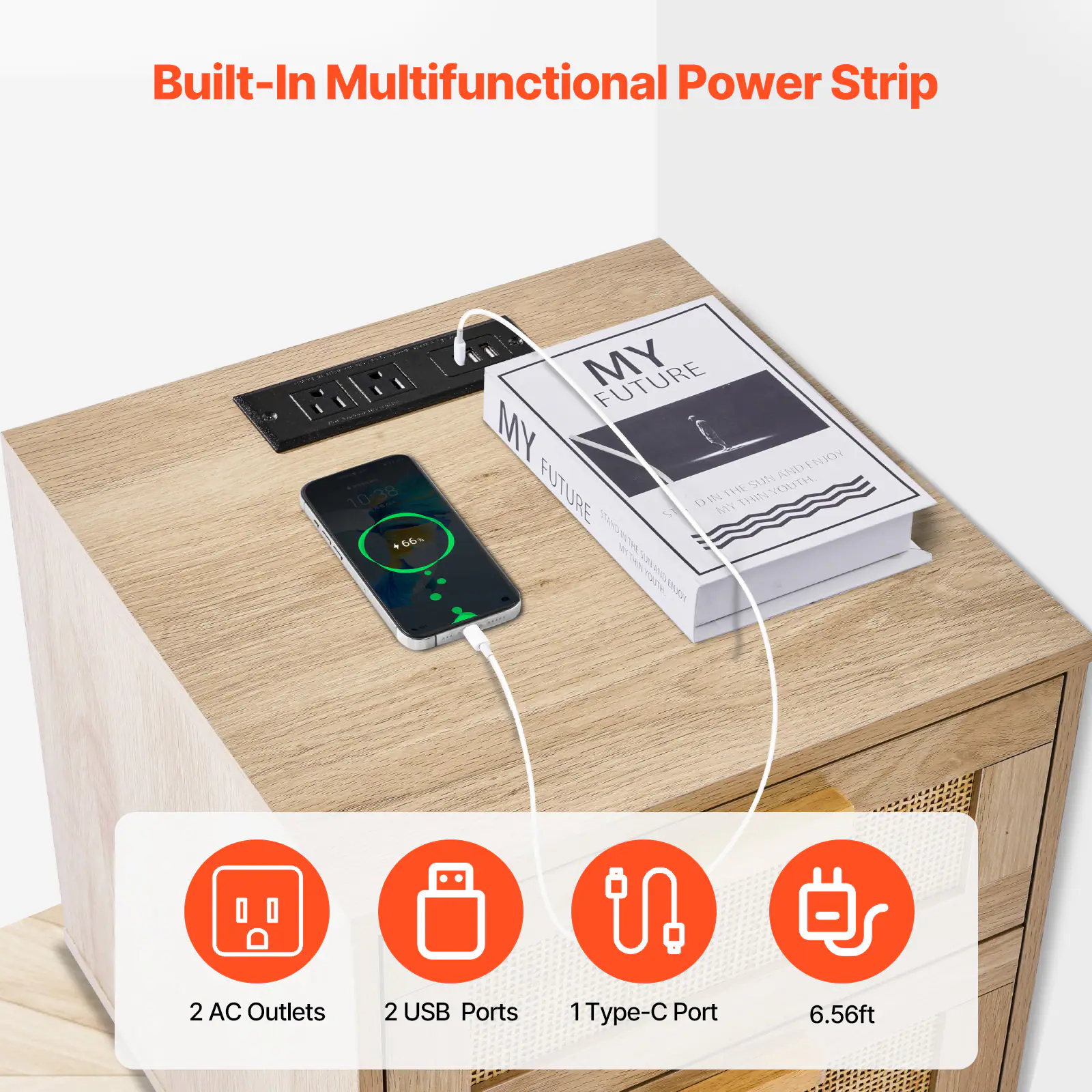 Built-In Multifunctional Power Strip

2 AC Outlets  
2 USB Ports  
1 Type-C Port  
6.56ft
