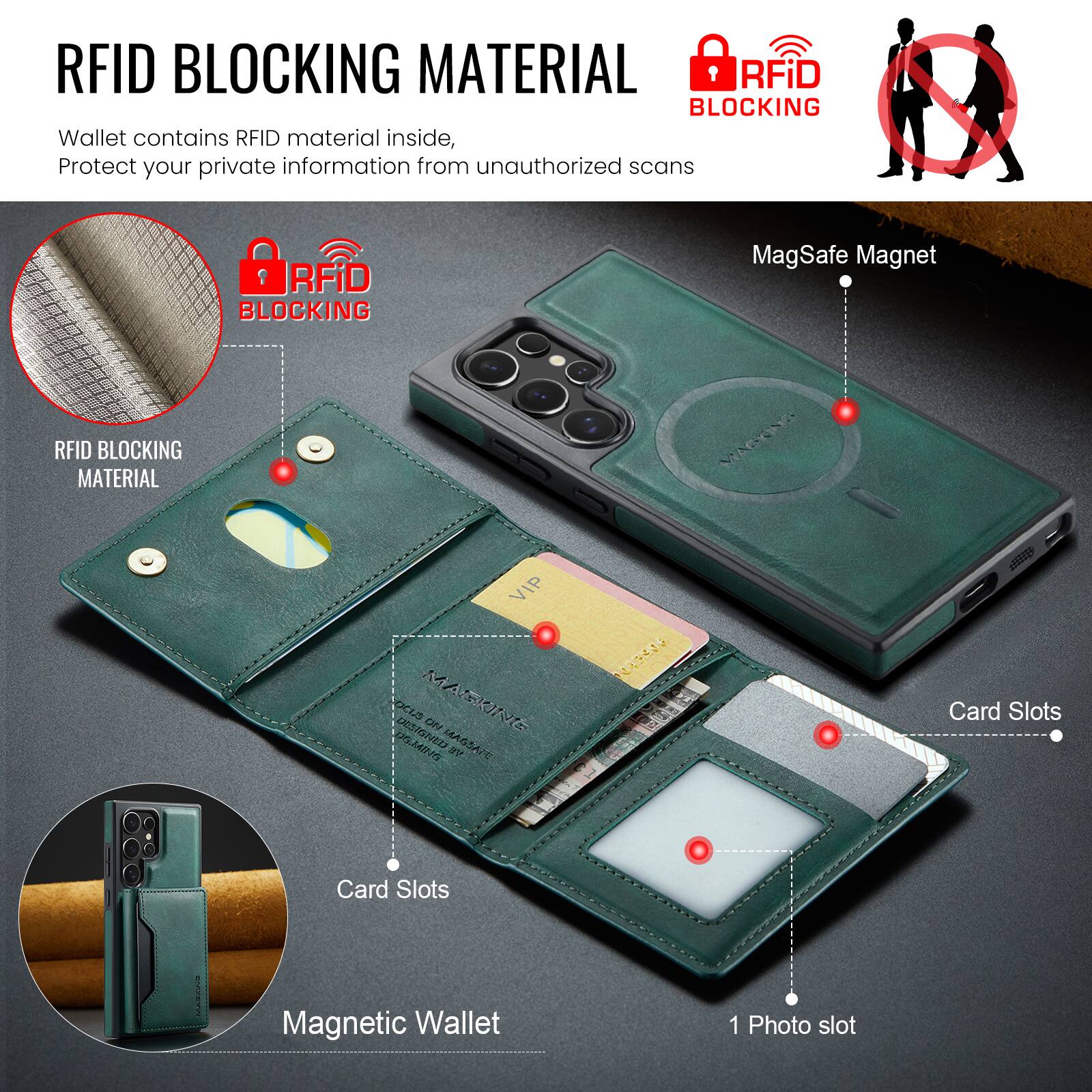 RFID BLOCKING MATERIAL

Wallet contains RFID material inside, Protect your private information from unauthorized scans

RFID BLOCKING MATERIAL

MagSafe Magnet

Card Slots

Card Slots

Magnetic Wallet

1 Photo slot