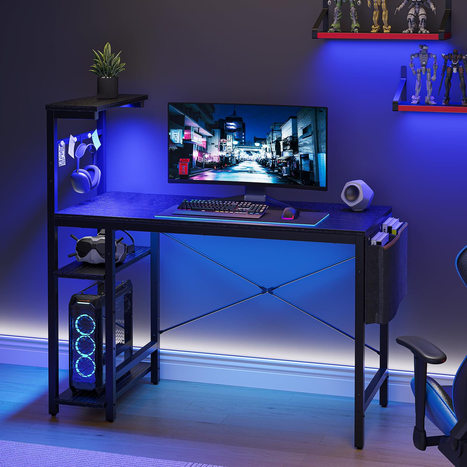Alt View 4. Bestier - 44 inch Gaming Desk with LED Lights, Reversible Storage Shelves & Side Storage Bag for Small Space - Black Grained.