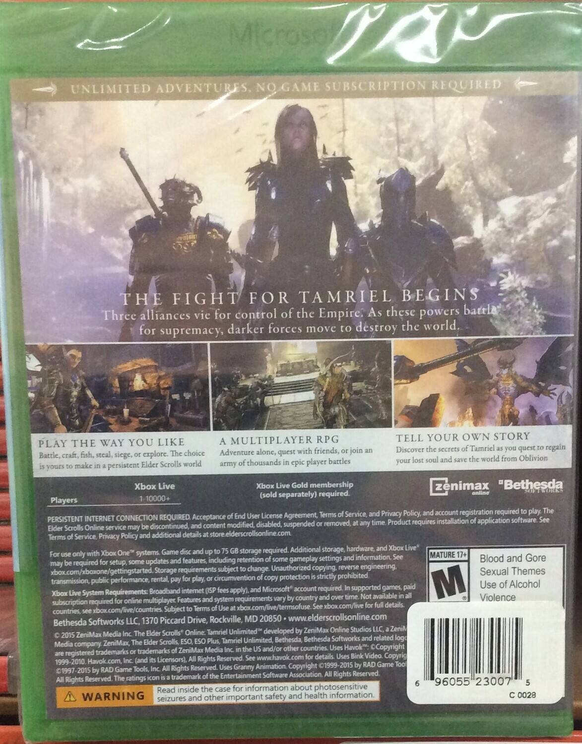 Here is the corrected and grouped text from the image:

---

**Microsoft Subscription Required**

**UNLIMITED ADVENTURES. NO GAME SUBSCRIPTION REQUIRED**

**THE FIGHT FOR TAMRIEL BEGINS**

Three alliances vie for control of the Empire. As these powers battle for supremacy, darker forces move to destroy the world.

**A MULTIPLAYER RPG**

**TELL YOUR OWN STORY**

Discover Tamriel, regain your lost soul, and save the world from Oblivion.

**PLAY THE WAY YOU LIKE**

Battle, craft, fish, steal, siege, or explore. The choice is yours to make in a persistent Elder Scrolls world.

**Adventure alone, quest with friends, or join an army of thousands in epic player battles.**

**Xbox Live Gold membership required.**

**Players 1-10,000+**

**PERSISTENT INTERNET CONNECTION REQUIRED**

Acceptance of End User License Agreement, Terms of Service, and Privacy Policy, and account registration required to play. The Elder Scrolls Online service may be discontinued or suspended or removed at any time. Product requires installation of application software. See www.elderscrollsonline.com for details.

**For use only with Xbox One systems. Game disc and up to 75 GB storage required.**

**Additional storage, hardware, and Xbox Live Gold membership required for setup, some updates and features, including retention of some game settings and information.**

**See xbox.com/live for full details.**

**Bethesda Softworks LLC, 1370 Picard Drive, Rockville, MD 20850 • © 2015 ZeniMax Media Inc. The Elder Scrolls Online, ESO, Tamriel Unlimited, Bethesda, and the ZeniMax Media Inc. logos are registered trademarks or trademarks of ZeniMax Media Inc. in the U.S. and/or other countries. All Rights Reserved. See www.havok.com for information.**

**WARNING: Read inside the case for information on seizures and other important safety information.**

**MATURE 17+**

**Blood and Gore**

**Sexual Themes**

**Use of Alcohol**

**Violence**

---

This text is grouped according to the sections on the image, ensuring clarity and coherence.