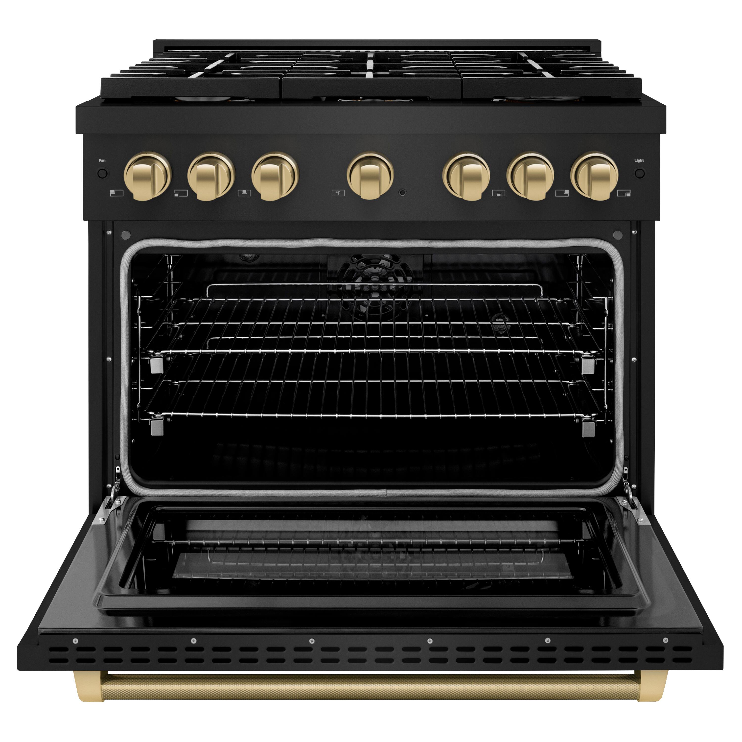 Angle. ZLINE - Autograph 36 in. 5.2 cu. ft. Freestanding Paramount Dual Fuel Range in Black Stainless Steel and Bronze Helix Handle - Black Stainless Steel.