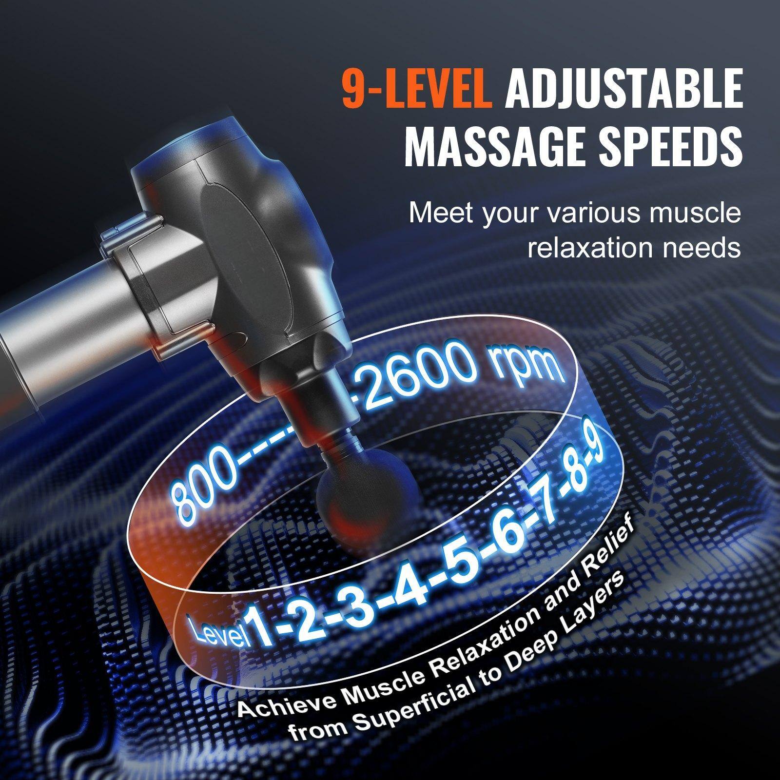 9-LEVEL ADJUSTABLE MASSAGE SPEEDS  
Meet your various muscle relaxation needs  

2600 rpm  
800-1-2-3-4-5-6-7-8-9  

Achieve Muscle Relaxation and Relief from Superficial to Deep Layers