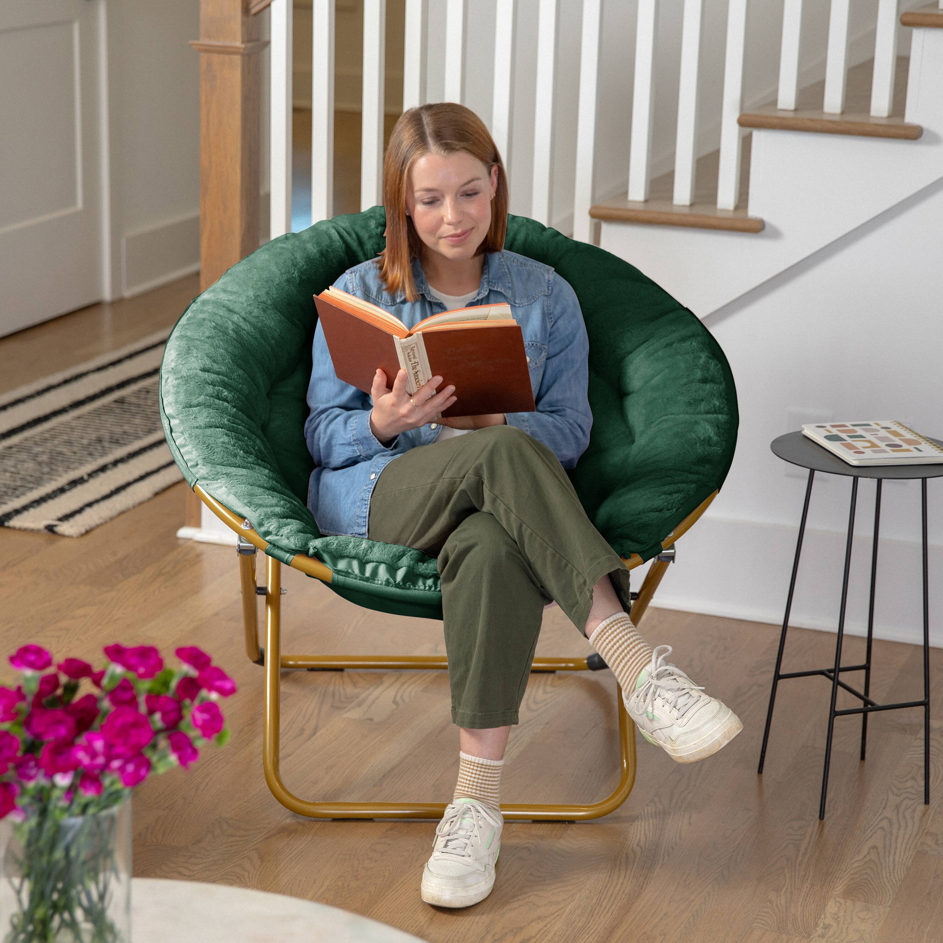 Alt View 3. Flash Furniture - Gwen 38" Oversize Portable Faux Fur Folding Saucer Moon Chair for Dorm and Bedroom, Emerald Faux Fur/Soft Gold Frame - Green.