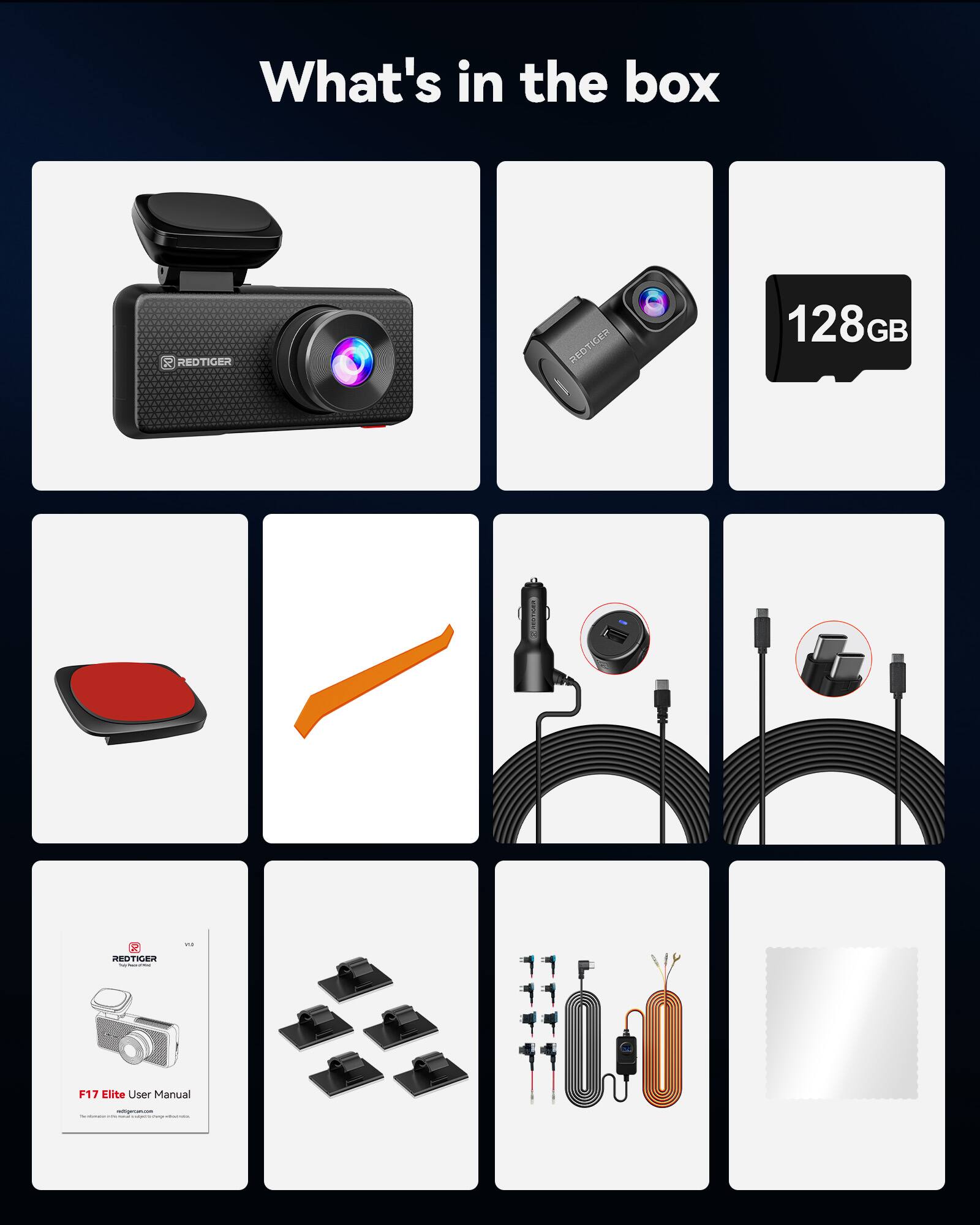 What's in the box:

- REDTIGER F17 Elite
- 128GB SD Card
- Red and black cap
- Orange strap
- USB-C cable
- Power adapter
- F17 Elite User Manual
- Mounting brackets
- Additional cables and connectors
