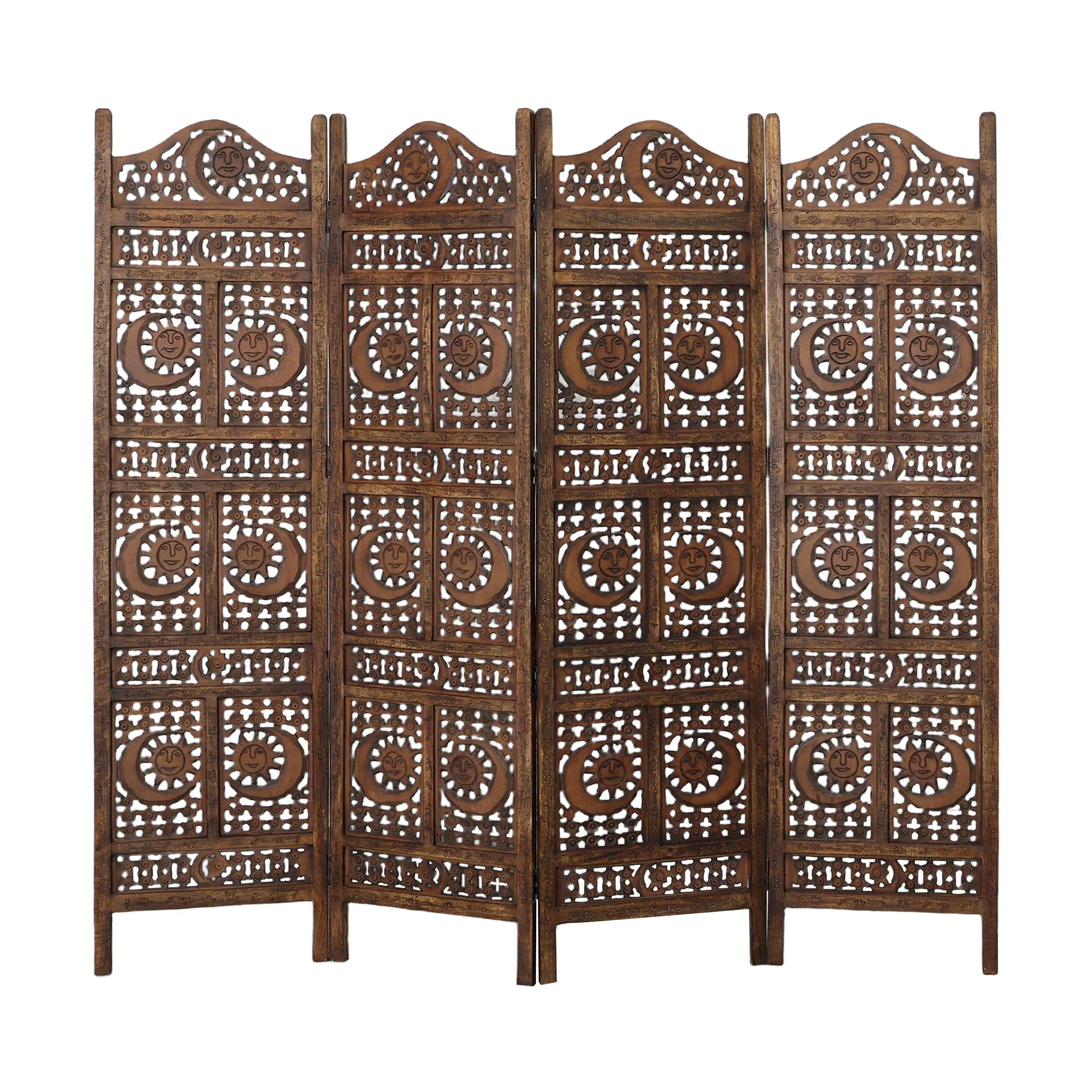 Front. Manhattan Lane - 71 Inch 4 Panel Mango Wood Room Divider, Hand Carved, Sun & Moon Design - Brown.