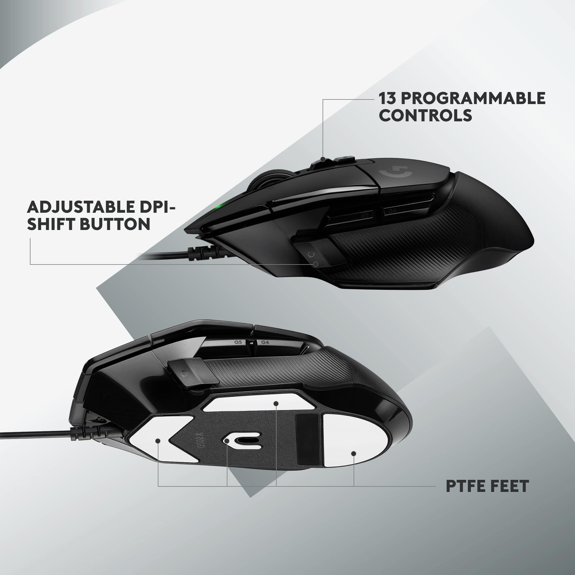 The image features a black computer mouse with a description of its features. The mouse has 13 programmable controls, adjustable DPI-shift button, and PTFE feet.