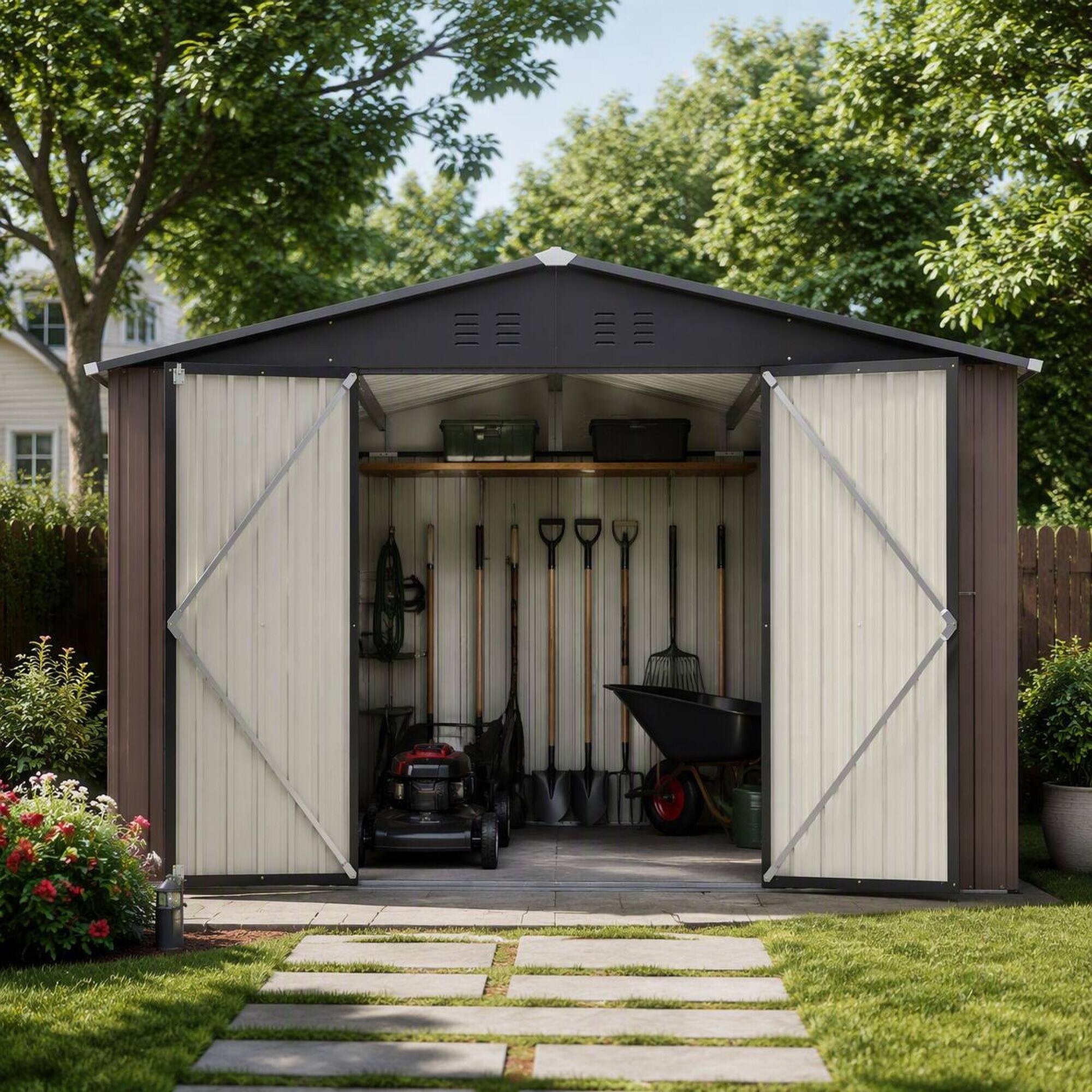 Back. RYHNUYNE - 10x10 ft Brown Metal Shed Lockable Doors Reinforced Frame Backyard Garden Tools - Brown.