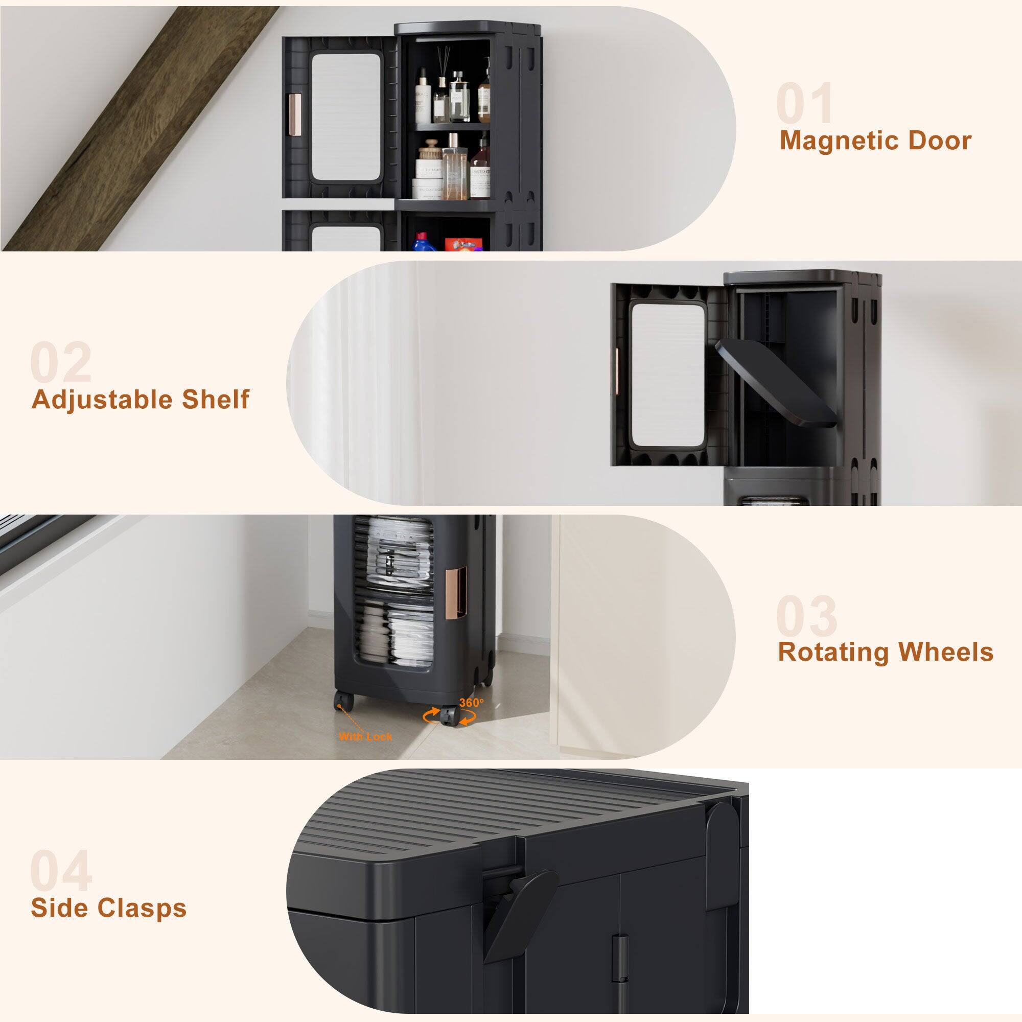 01 Magnetic Door  
02 Adjustable Shelf  
03 Rotating Wheels 360° With Lock  
04 Side Clasps