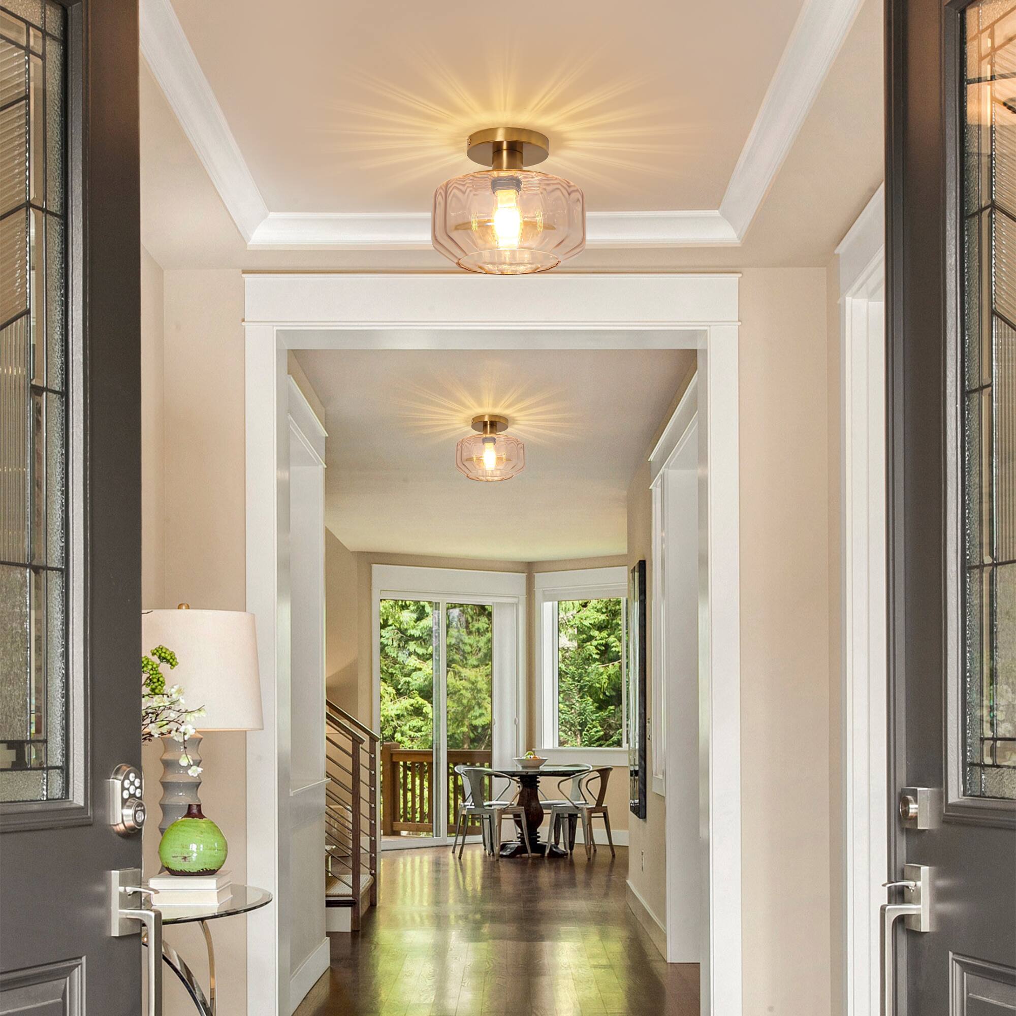 Angle. Parrot Uncle - 9" Vintage Amber Glass Semi Flush Mount Ceiling Light - Gold.