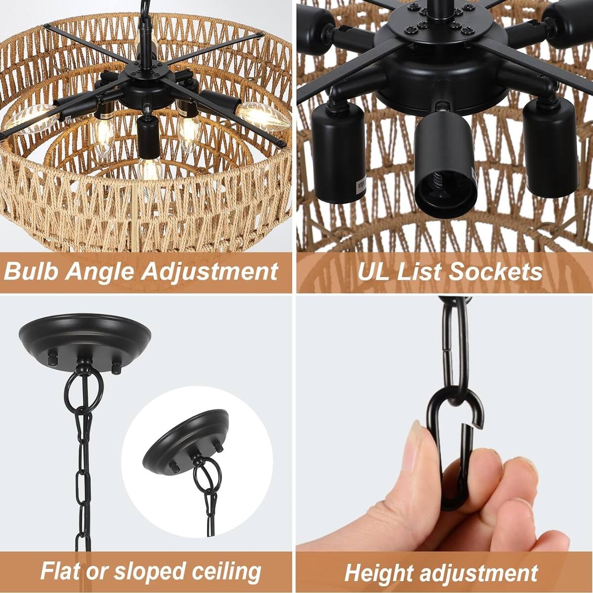 Bulb Angle Adjustment  
UL List Sockets  
Flat or sloped ceiling  
Height adjustment