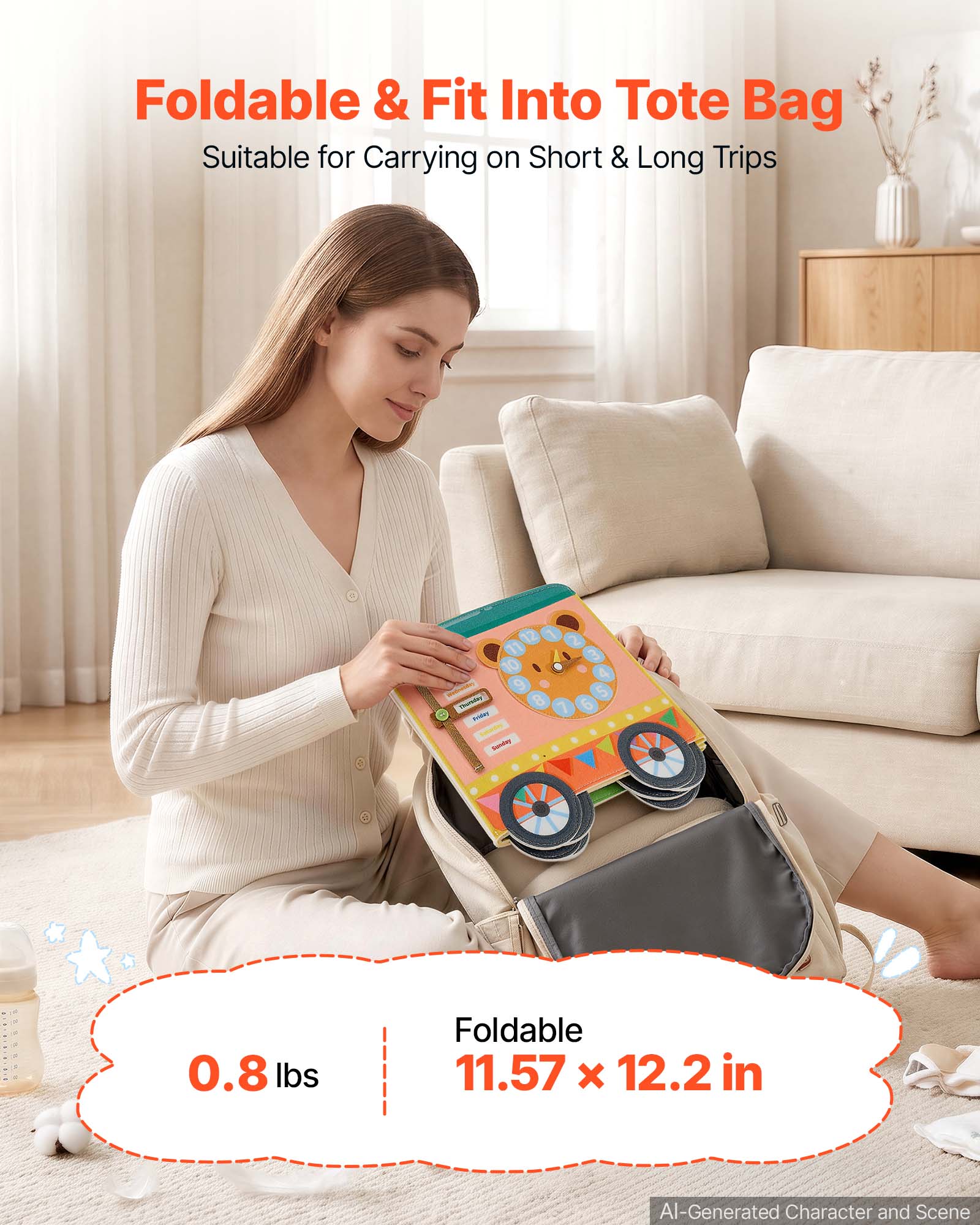 Foldable & Fit Into Tote Bag  
Suitable for Carrying on Short & Long Trips  

- Preasey  
9  
0.8 lbs  
Foldable 11.57 X 12.2 in  

AI-Generated Character and Scene
