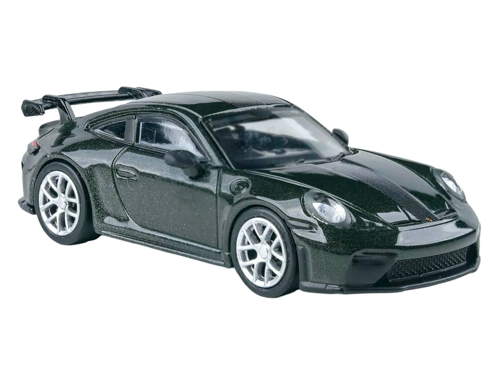 Angle. Paragon - 2025 Porsche 911 GT3 (992.2) Oak Green Metallic Neo with Carbon Stripe 1/64 Diecast Model Car by Paragon - Oak Green Metallic.