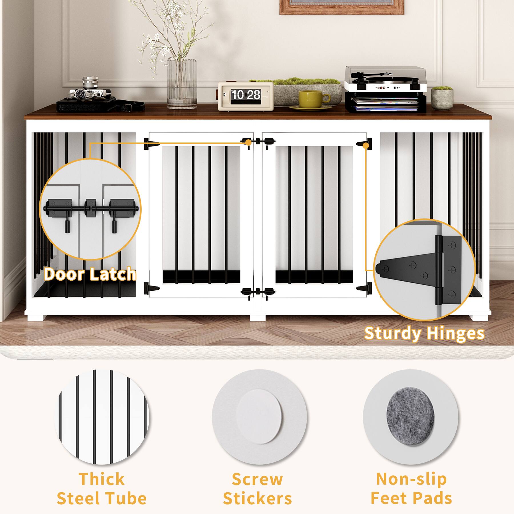 - Door Latch
- Sturdy Hinges
- Thick Steel Tube
- Screw Stickers
- Non-slip Feet Pads