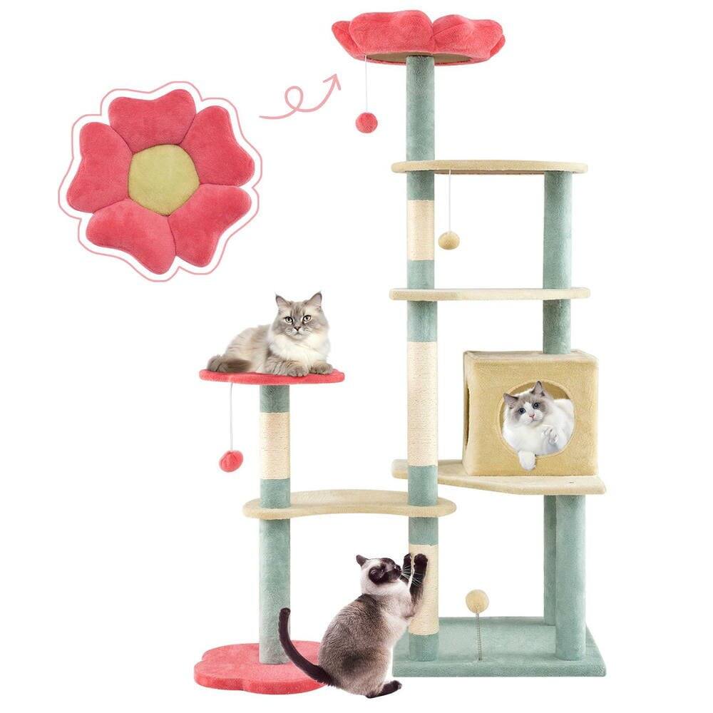 Angle. Kadyn - 61-Inch Tall Floral Cat Tree Tower with Flower-Shaped Padded Perches, Multicolor - Blue.