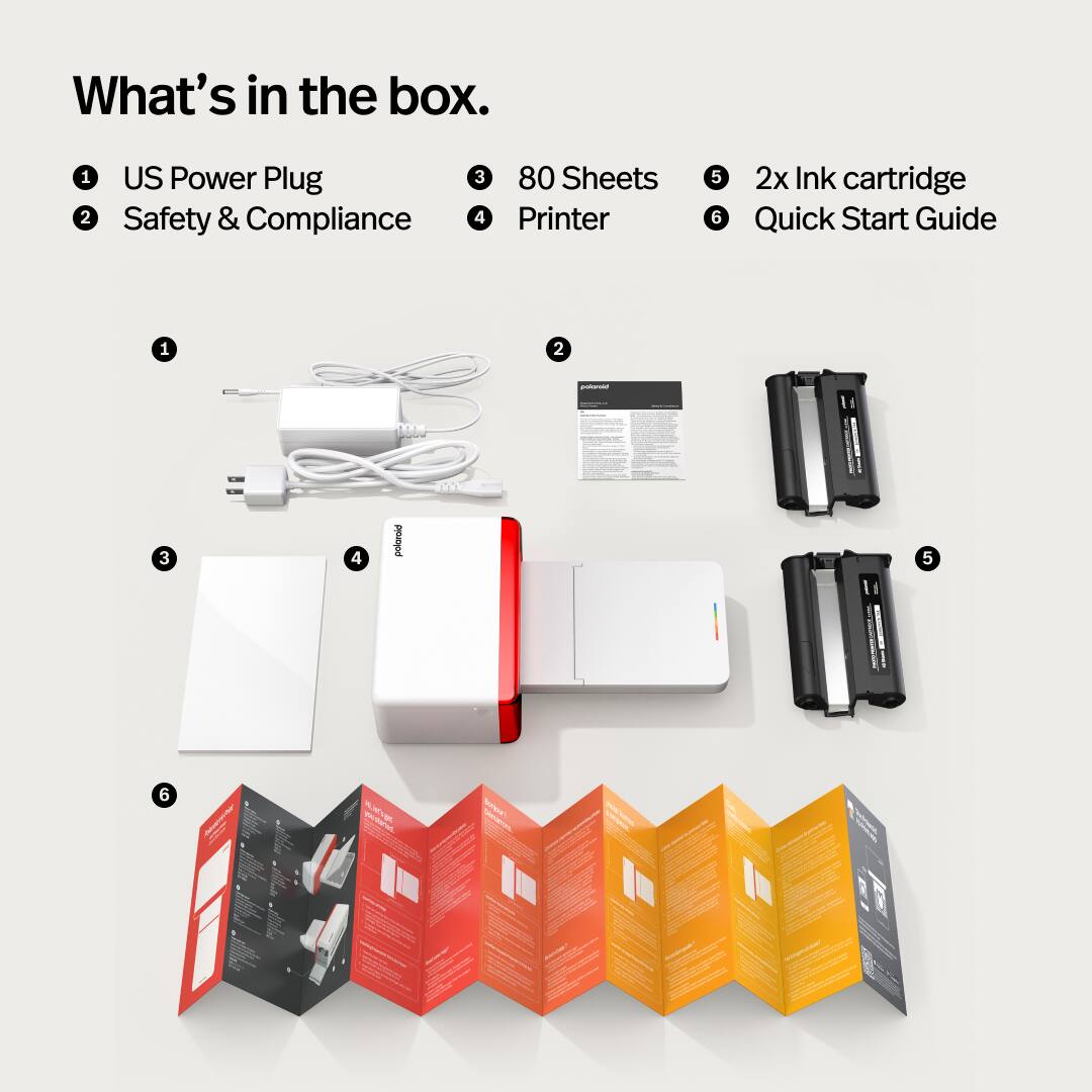What's in the box.

1. US Power Plug
2. Safety & Compliance
3. 80 Sheets Printer
4. 2x Ink cartridge
5. Quick Start Guide