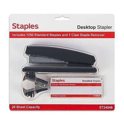 Staples Desktop Stapler  
Includes 1250 Standard Staples and 1 Claw Staple Remover  

Standard Staples  
Includes 1250 Standard Staples  
20 Sheet Capacity  

20 Sheet Capacity  

ST24548