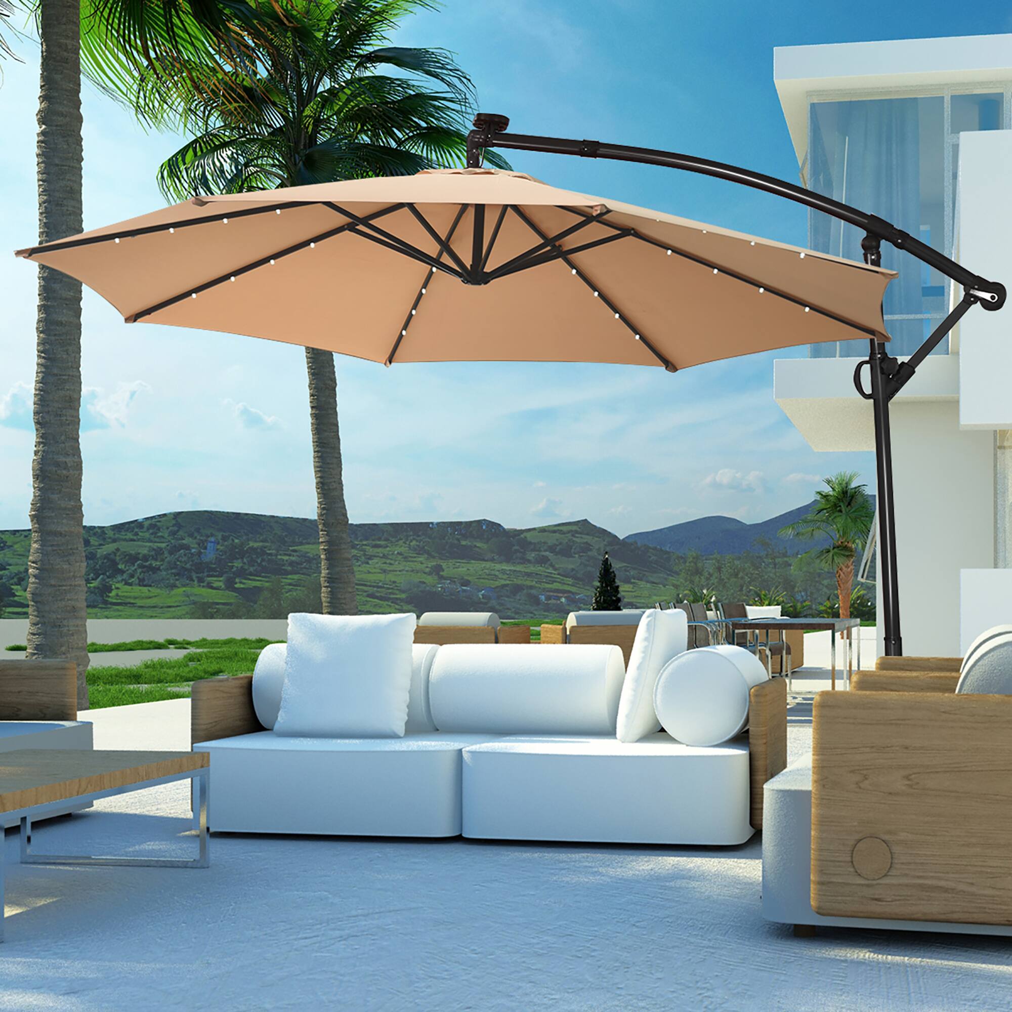 Alt View 2. Costway - 10FT Patio Offset Umbrella Solar Powered LED 360 degrees Rotation Aluminum - Beige.