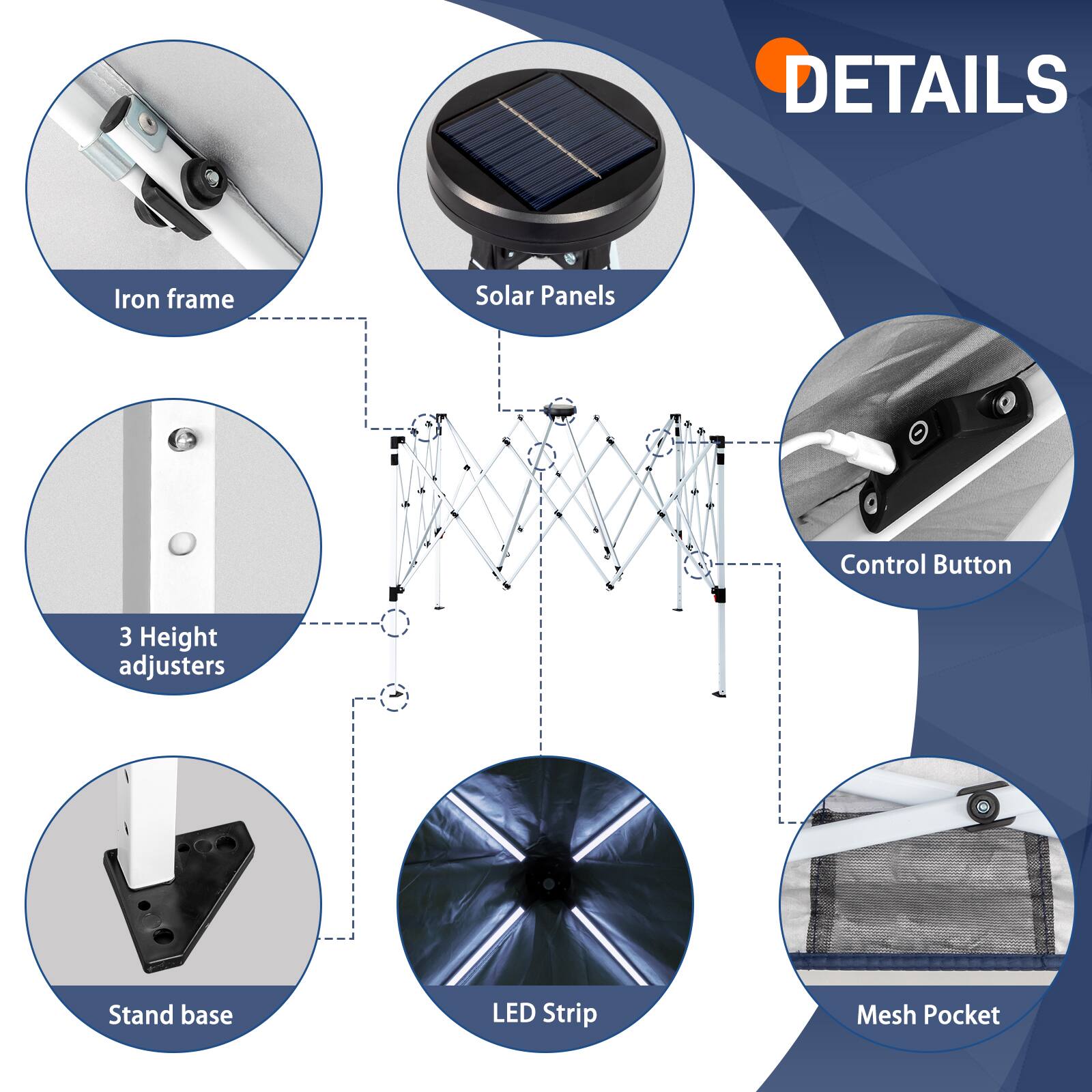 DETAILS

- Iron frame
- Solar Panels
- 3 Height adjusters
- Stand base
- LED Strip
- Control Button
- Mesh Pocket