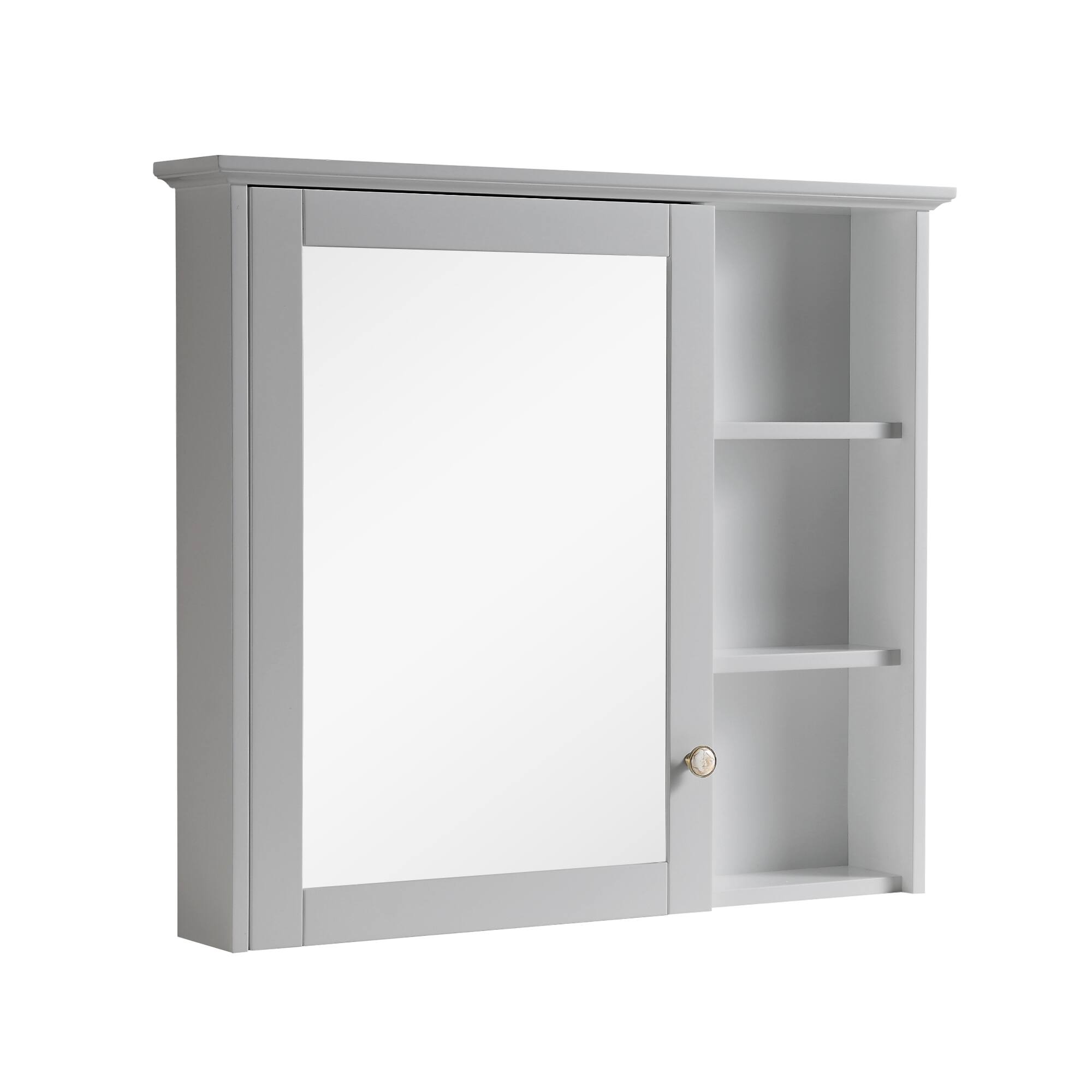 Back. WELLFOR - 34 in. W x 30 in. H Rectangular Solid Wood Frame Surface Mount Medicine Cabinet with Mirror and Soft Close Door - Gray.