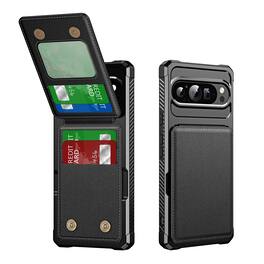 Dteck - For Google Pixel 11 Pro XL Magnetic Closure Credit Card Holder Slots Stand Function Rugged Wallet Case - Black