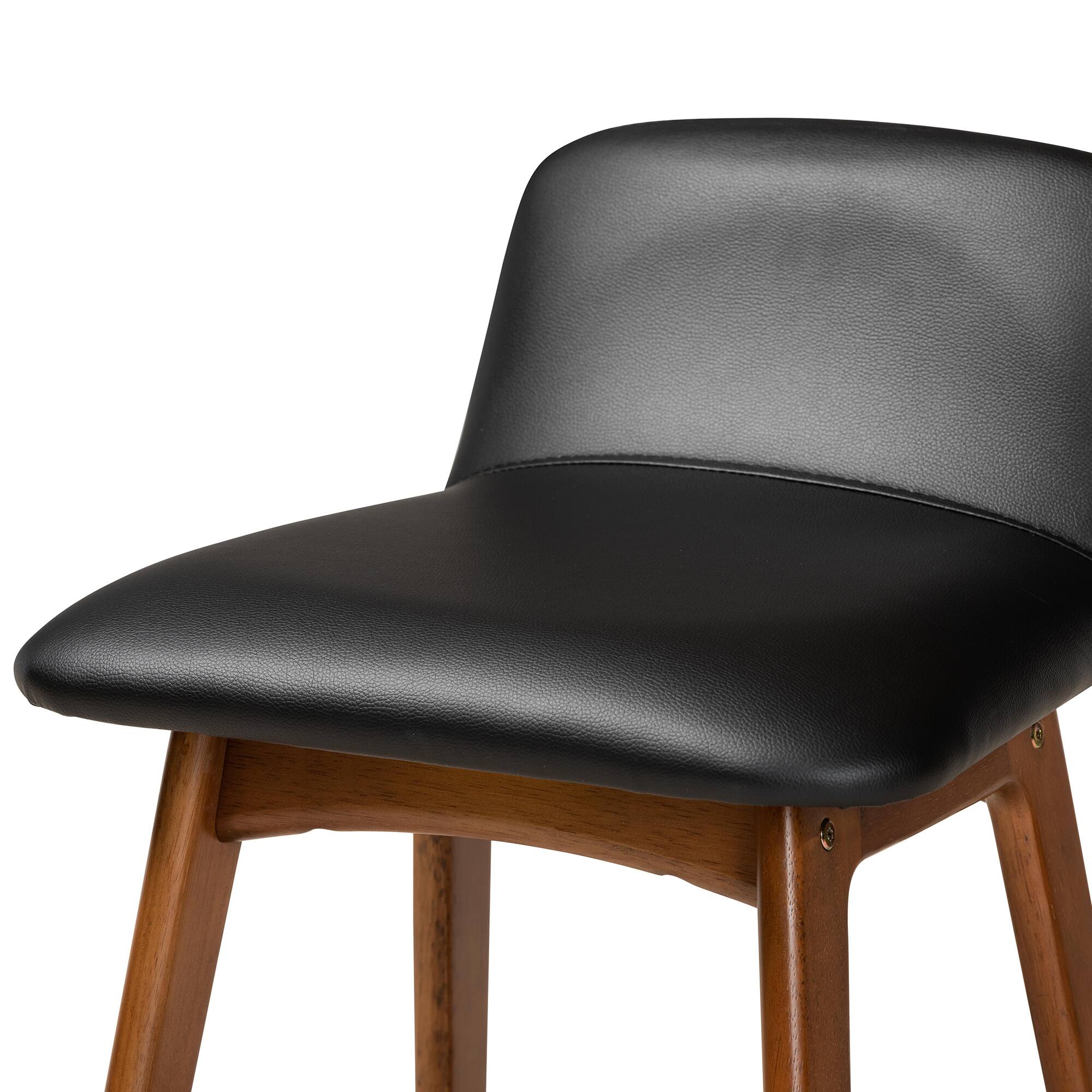 Back. Baxton Studio - Darrin Mid-Century Modern Faux Leather Upholstered and Walnut Finished Wood 2-Piece Counter Stool Set - Black/Walnut Brown.