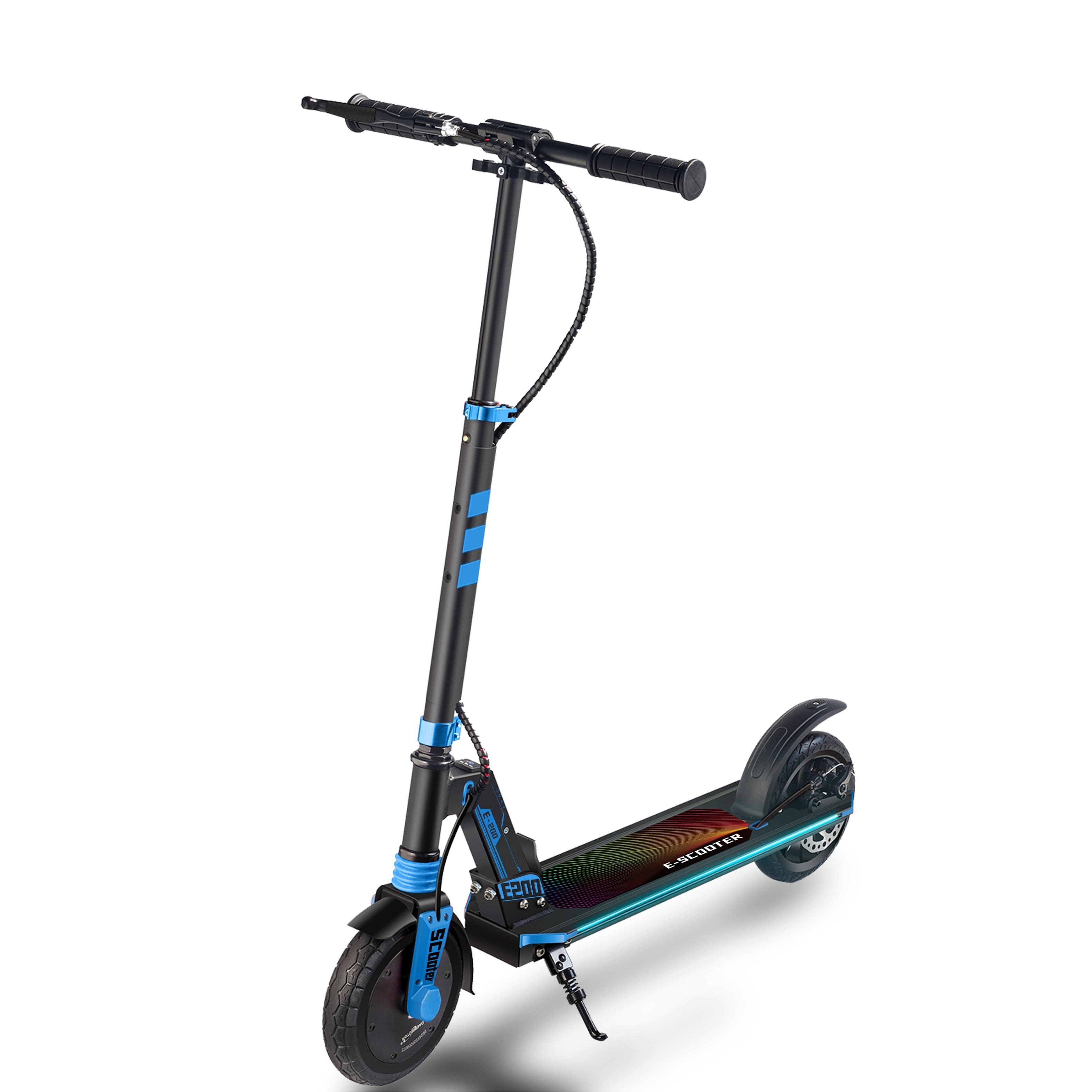 E200 - 10 km Range Electric Scooter with Height Adjustable, Safe Rear Brake, Cool LED Marquee Light - Blue