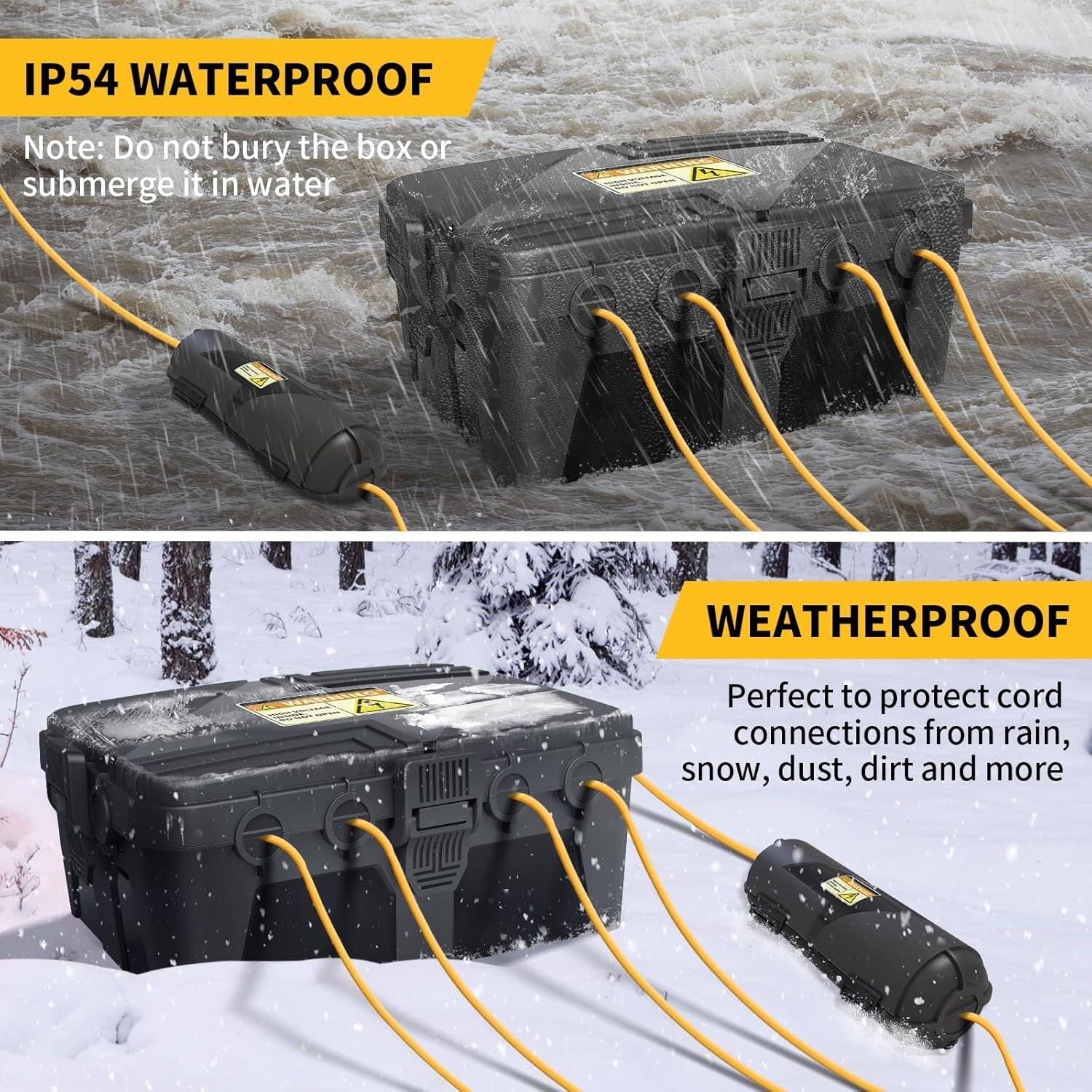 **IP54 WATERPROOF**  
Note: Do not bury the box or submerge it in water

**WEATHERPROOF**  
Perfect to protect cord connections from rain, snow, dust, dirt and more