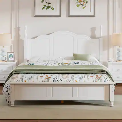 Front. GOODSILO - Queen Size Retro Wood Platform Bed Frame with Wooden Slat Support for Mattress - White.