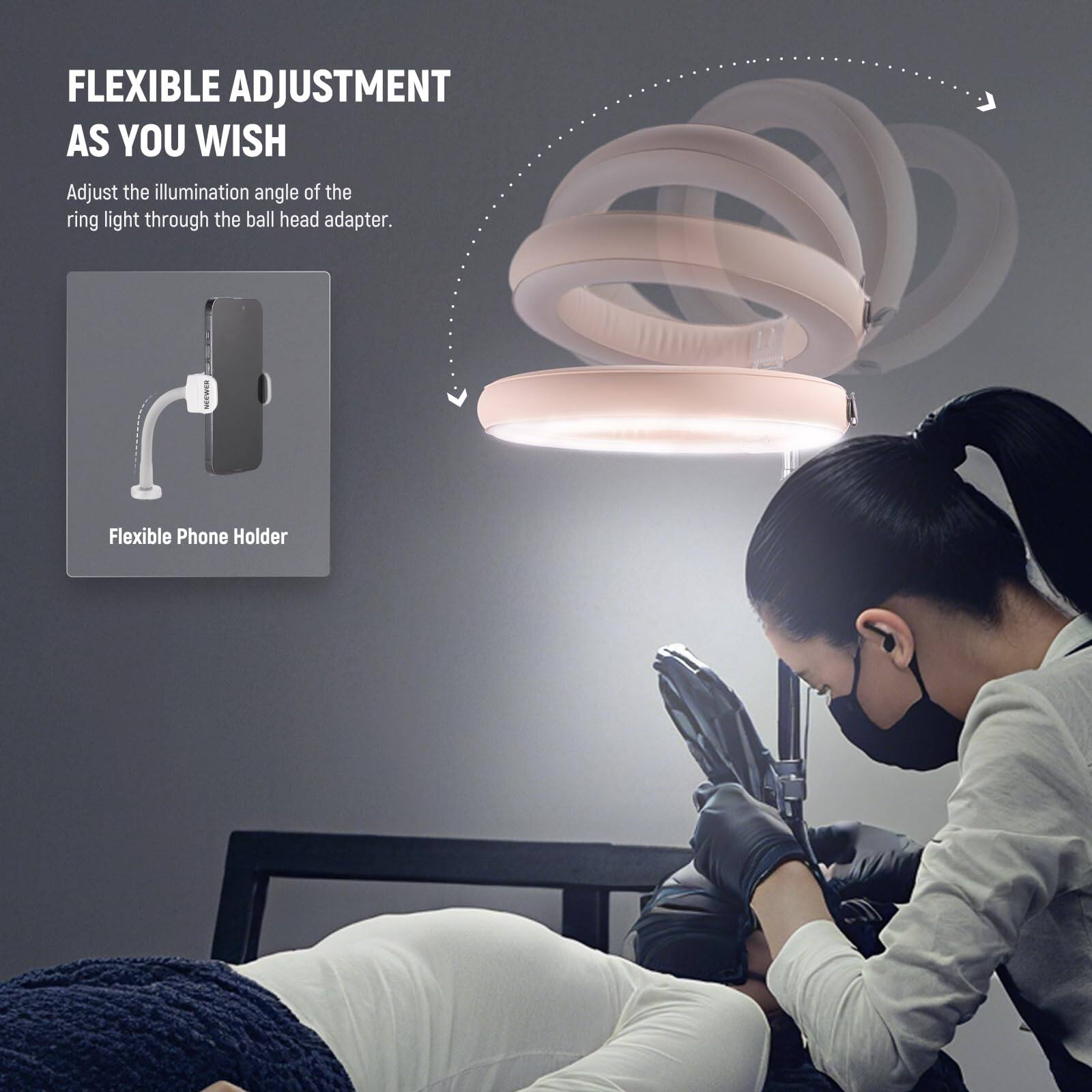 FLEXIBLE ADJUSTMENT AS YOU WISH

Adjust the illumination angle of the ring light through the ball head adapter.

Flexible Phone Holder