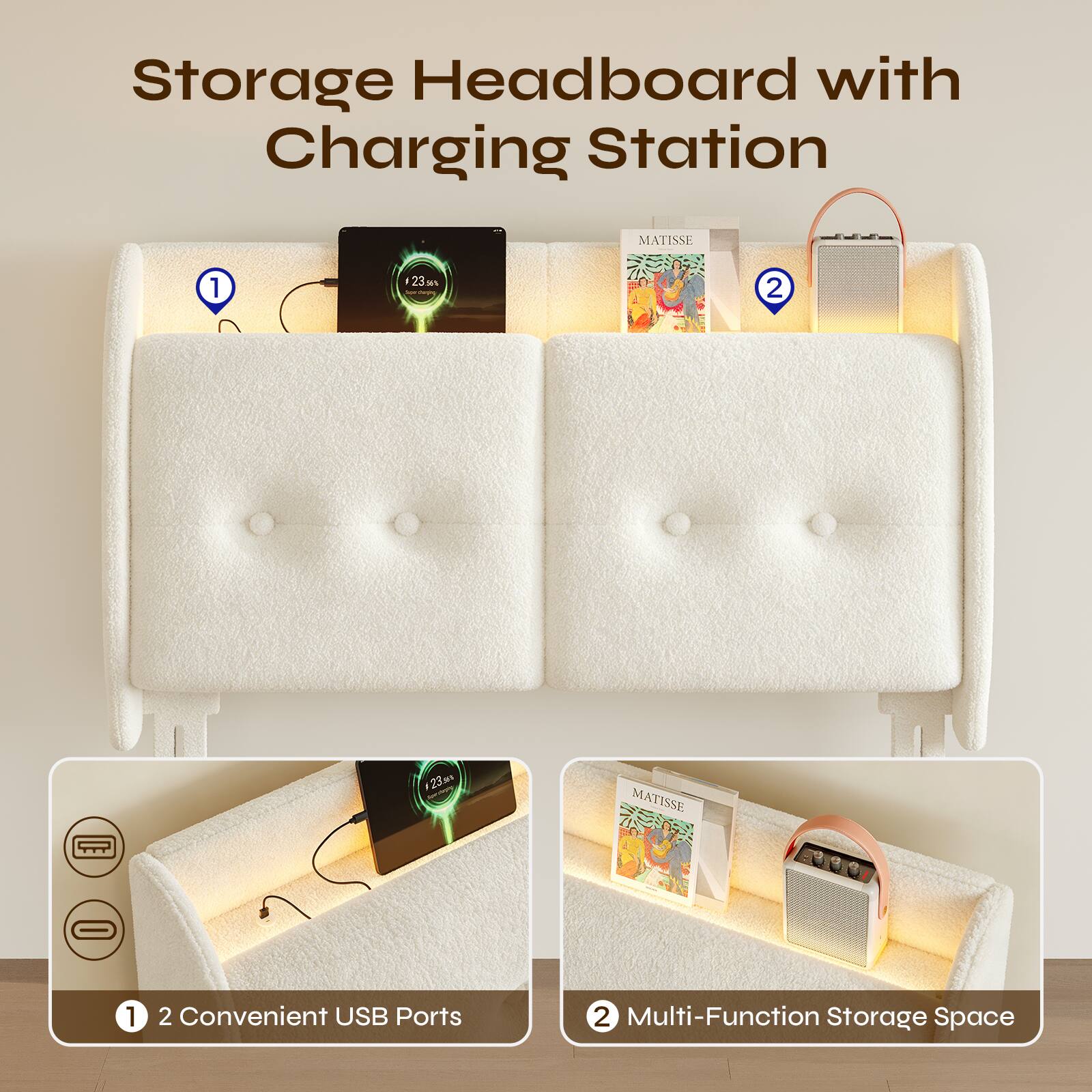 Storage Headboard with Charging Station

1. 2 Convenient USB Ports
2. Multi-Function Storage Space