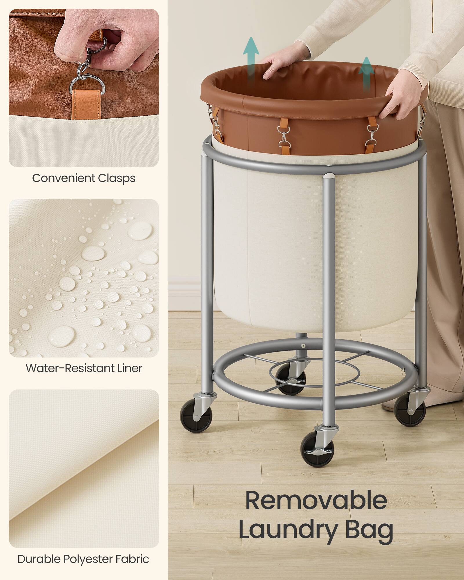 Convenient Clasps  
Water-Resistant Liner  
Durable Polyester Fabric  
Removable Laundry Bag