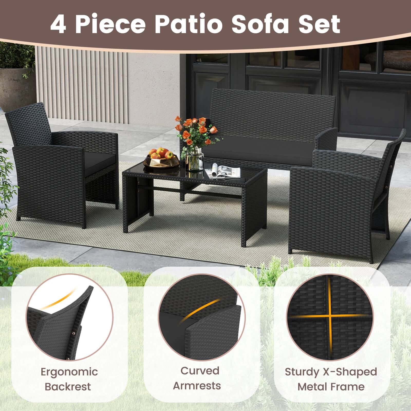 Alt View 8. Costway - Costway 4 PCS Patio Conversation Set with Seat Cushions & Tempered Glass Tabletop, Porch - Black+Black.
