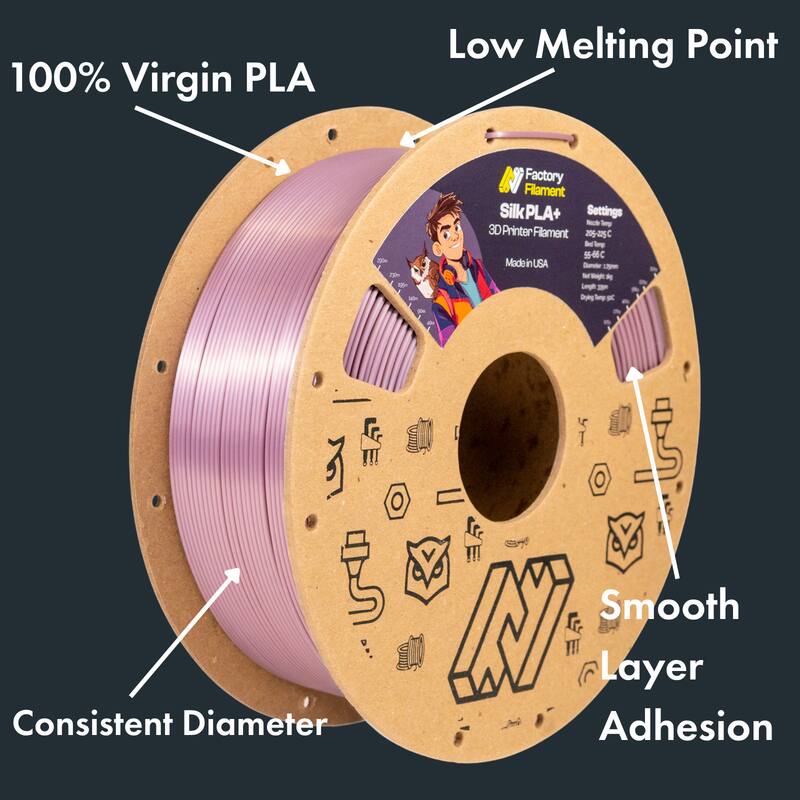 100% Virgin PLA  
Low Melting Point  
Consistent Diameter  
Smooth Layer Adhesion  
Made in USA  
Factory Flament Silk PLA+  
Settings: 205-225C, 55-66C  
Diameter: 1.75mm