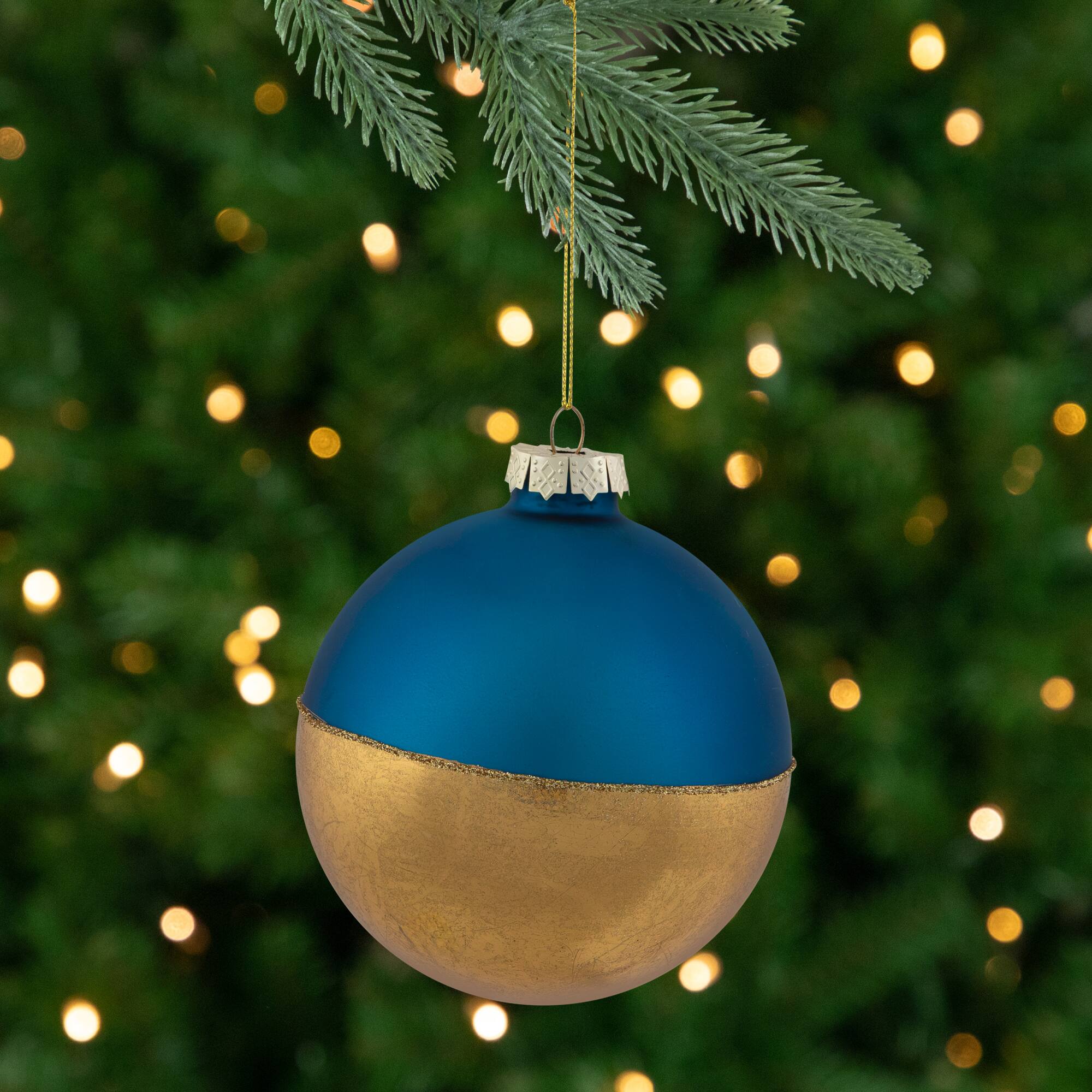 Front. Northlight - 3.5" Blue and Gold Glass Ball Christmas Ornament - Blue.