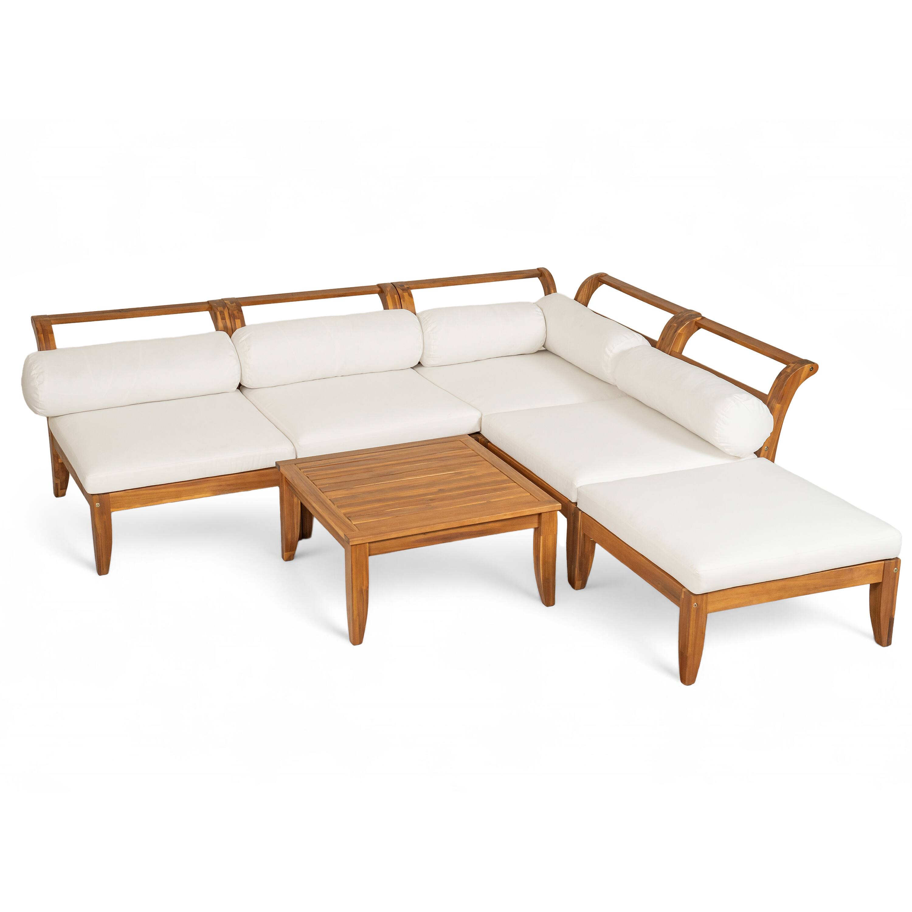 Alt View 5. Siljoy - TOPMAX 6-Piece Acacia Wood Patio Set, L-Shaped Convertible Daybed Sofa with Table, Ottoman & Cushions, Teak+Beige - Teak+ Beige.