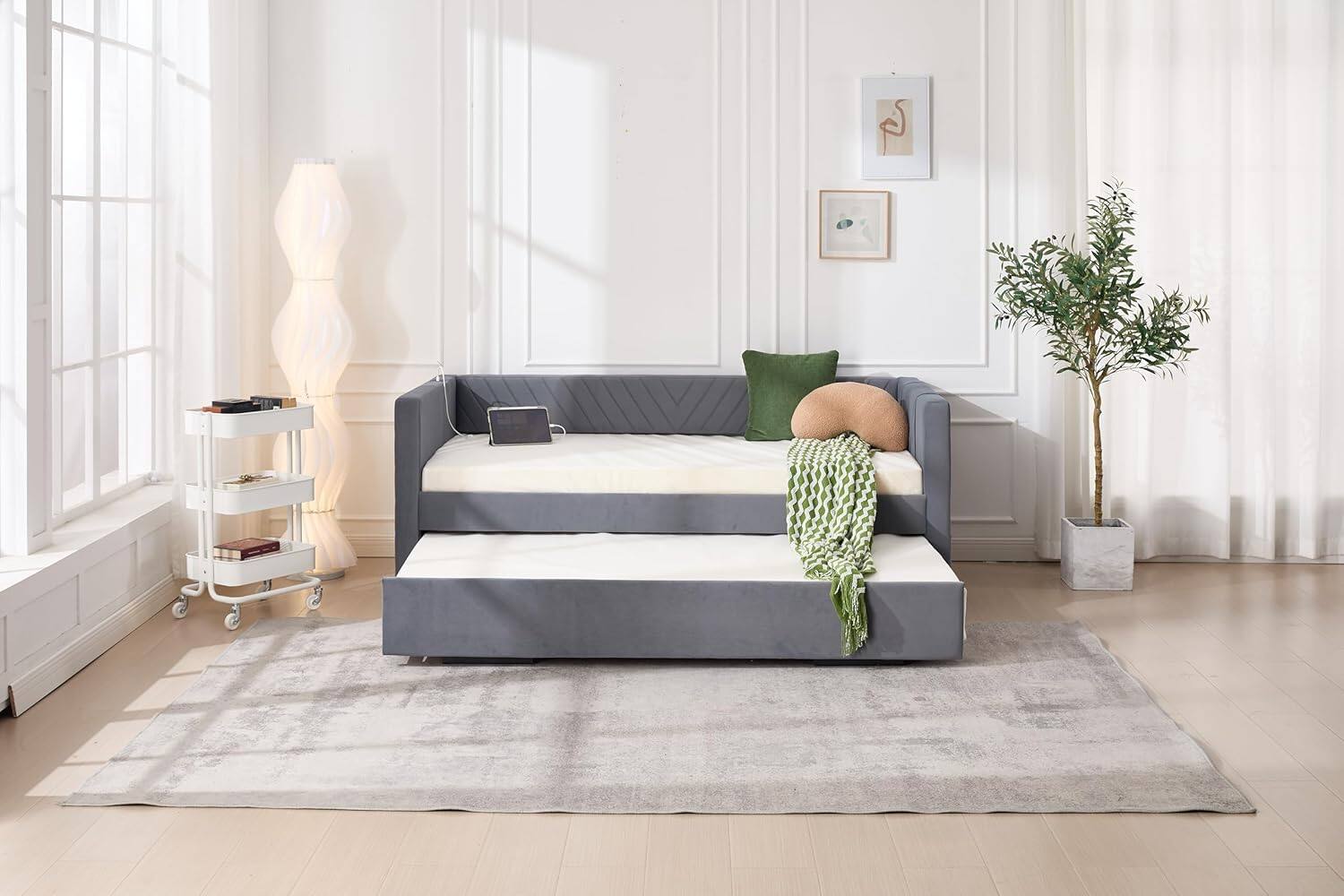 Alt View 6. Trinkets Crazed - Twin Daybed with Pop Up Trundle, Velvet Upholstered Extendable Daybed with USB Ports & Pockets - gray.