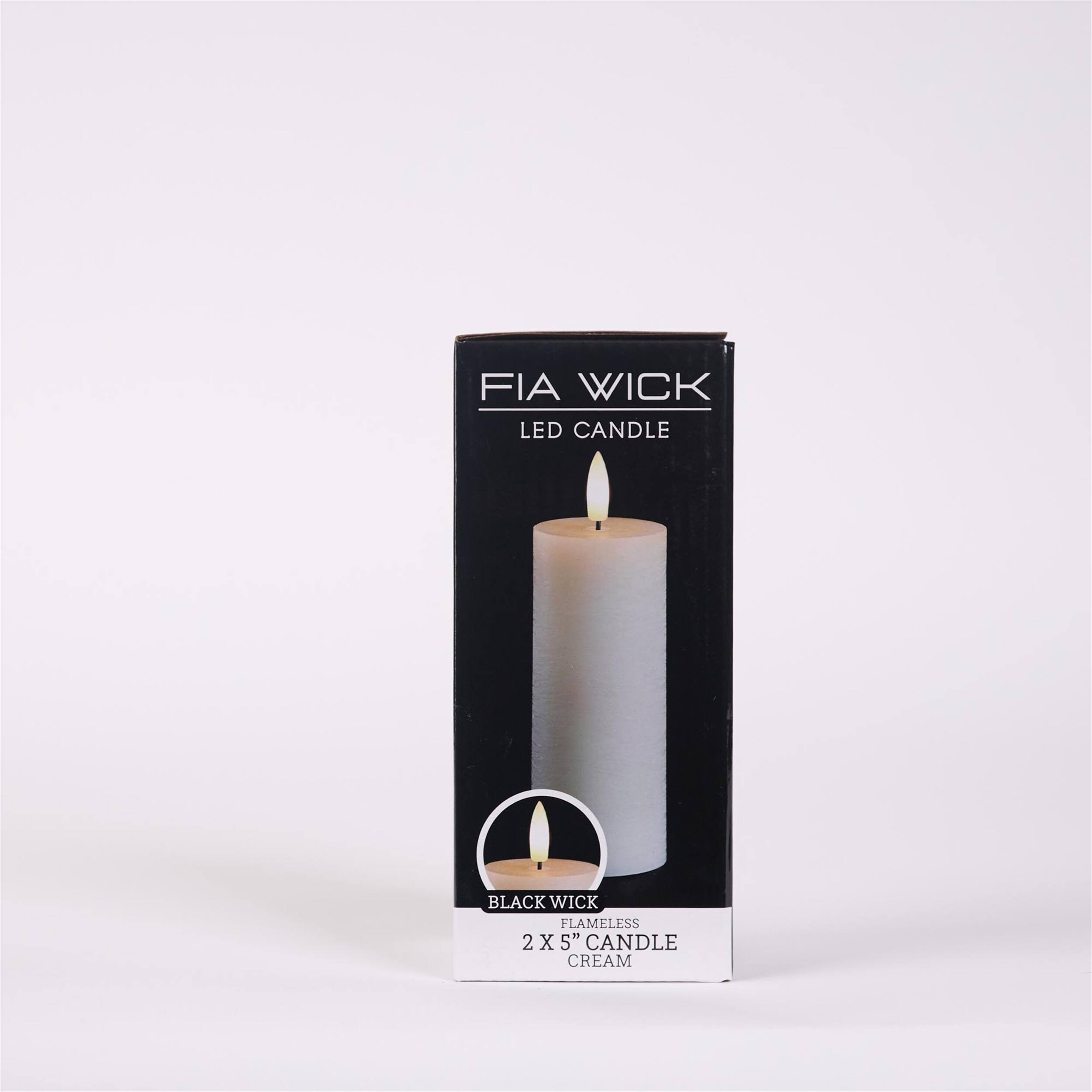 FIA WICK  
LED CANDLE  

BLACK WICK  
FLAMELESS  
2 X 5" CANDLE  
CREAM