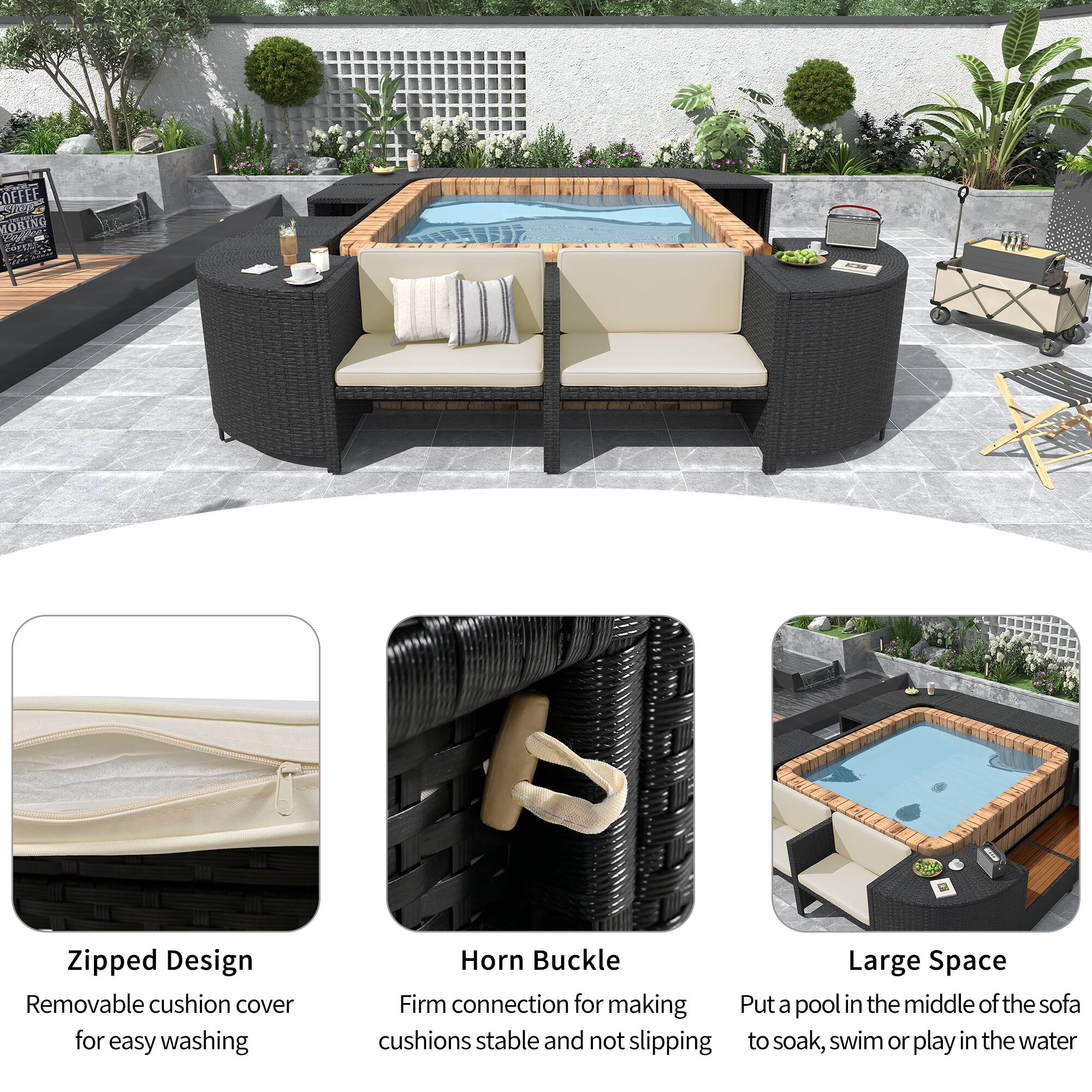 - Zipped Design: Removable cushion cover for easy washing
- Horn Buckle: Firm connection for making cushions stable and not slipping
- Large Space: Put a pool in the middle of the sofa to soak, swim or play in the water