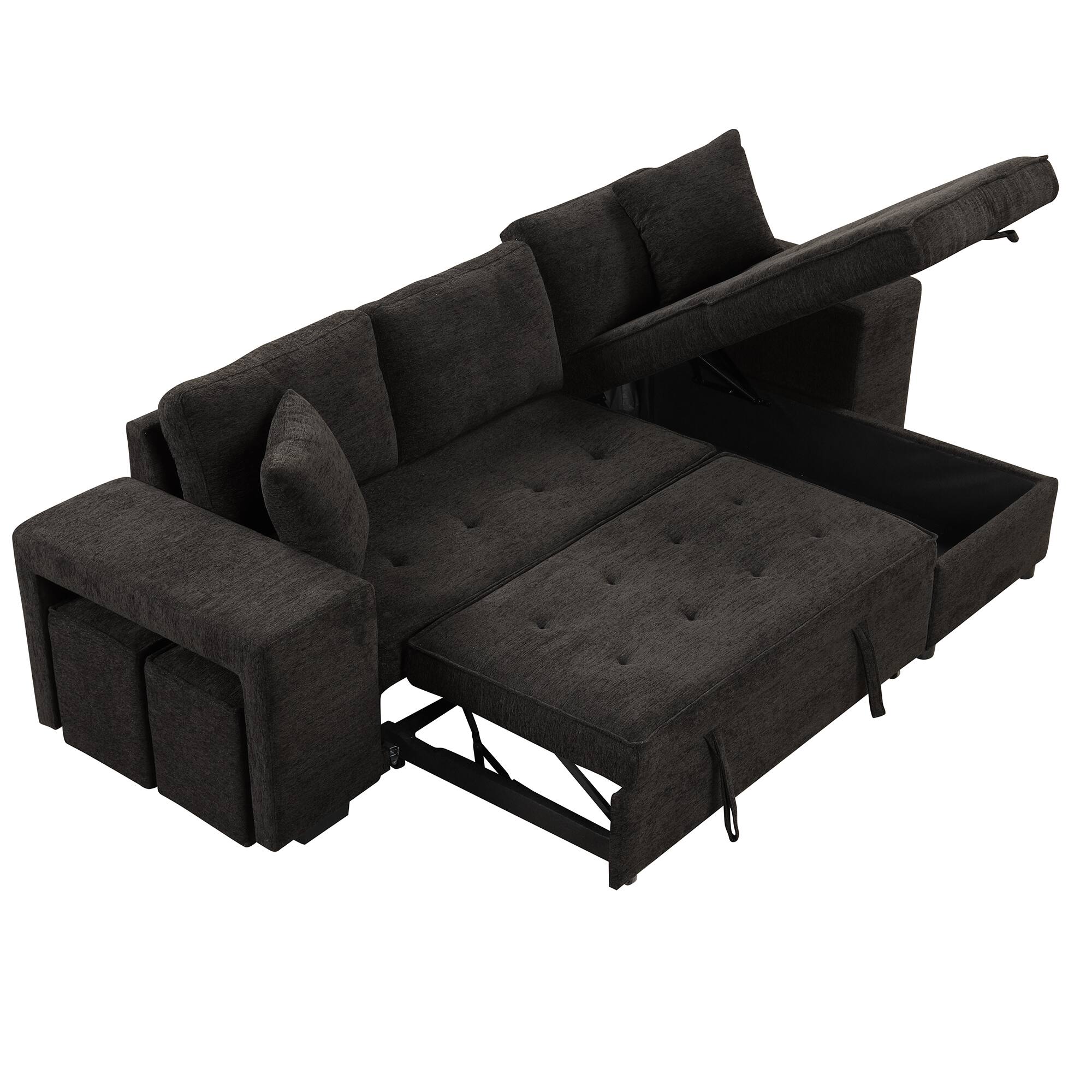 Alt View 1. LUCKY ONE - 104.5" L-Shape Reversible Pull-Out Sleeper Sectional Sofa with Storage Chaise & 2 Stools - Charcoal grey.