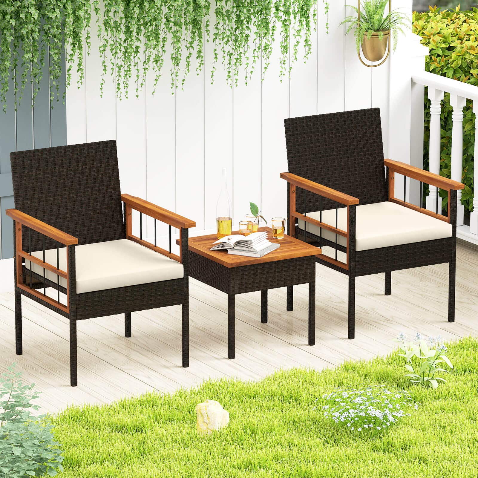 Front. Costway - Costway 3 PCS Wicker Furniture Set with Acacia Wood Tabletop Armrests Cushions for Backyard - Mix Brown+Off-White.