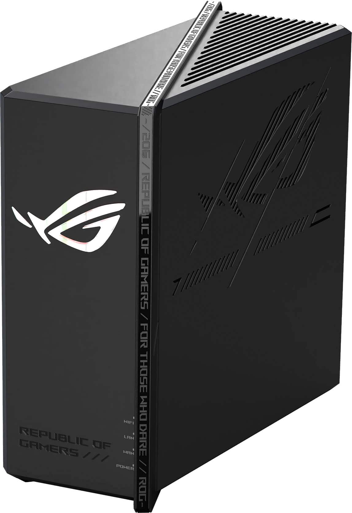 Republic of Gamers is a brand of computer hardware and accessories, including gaming laptops and gaming peripherals. The image features a black Republic of Gamers computer tower, which is a desktop computer designed for gaming. The tower is black and has a white logo, and it is sitting on a white background.