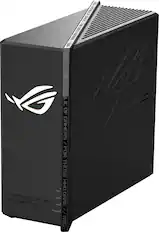 Republic of Gamers is a brand of computer hardware and accessories, including gaming laptops and gaming peripherals. The image features a black Republic of Gamers computer tower, which is a desktop computer designed for gaming. The tower is black and has a white logo, and it is sitting on a white background.