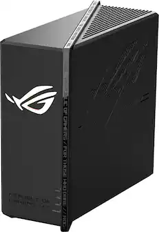 Republic of Gamers is a brand of computer hardware and accessories, including gaming laptops and gaming peripherals. The image features a black Republic of Gamers computer tower, which is a desktop computer designed for gaming. The tower is black and has a white logo, and it is sitting on a white background.
