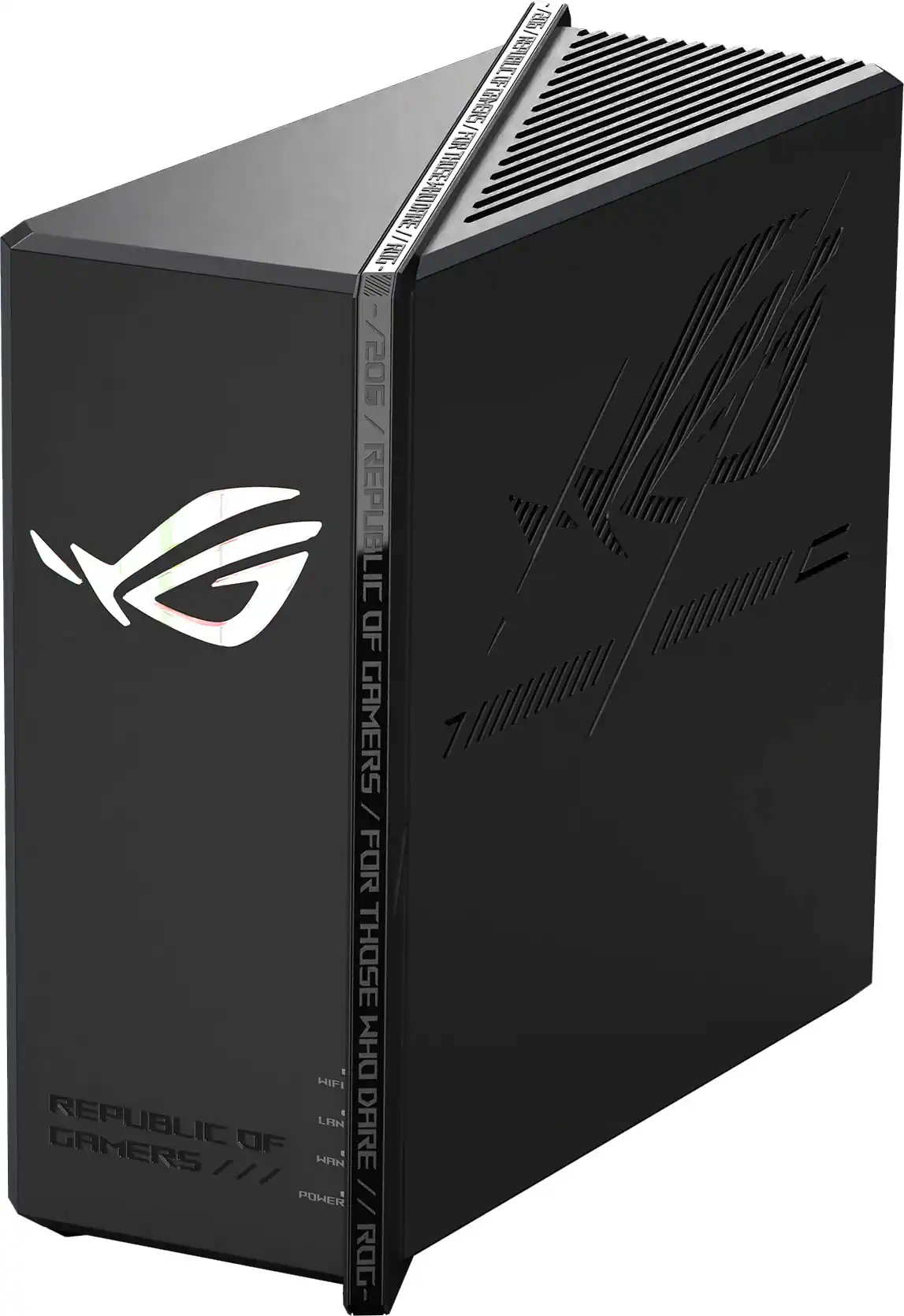 Republic of Gamers is a brand of computer hardware and accessories, including gaming laptops and gaming peripherals. The image features a black Republic of Gamers computer tower, which is a desktop computer designed for gaming. The tower is black and has a white logo, and it is sitting on a white background.