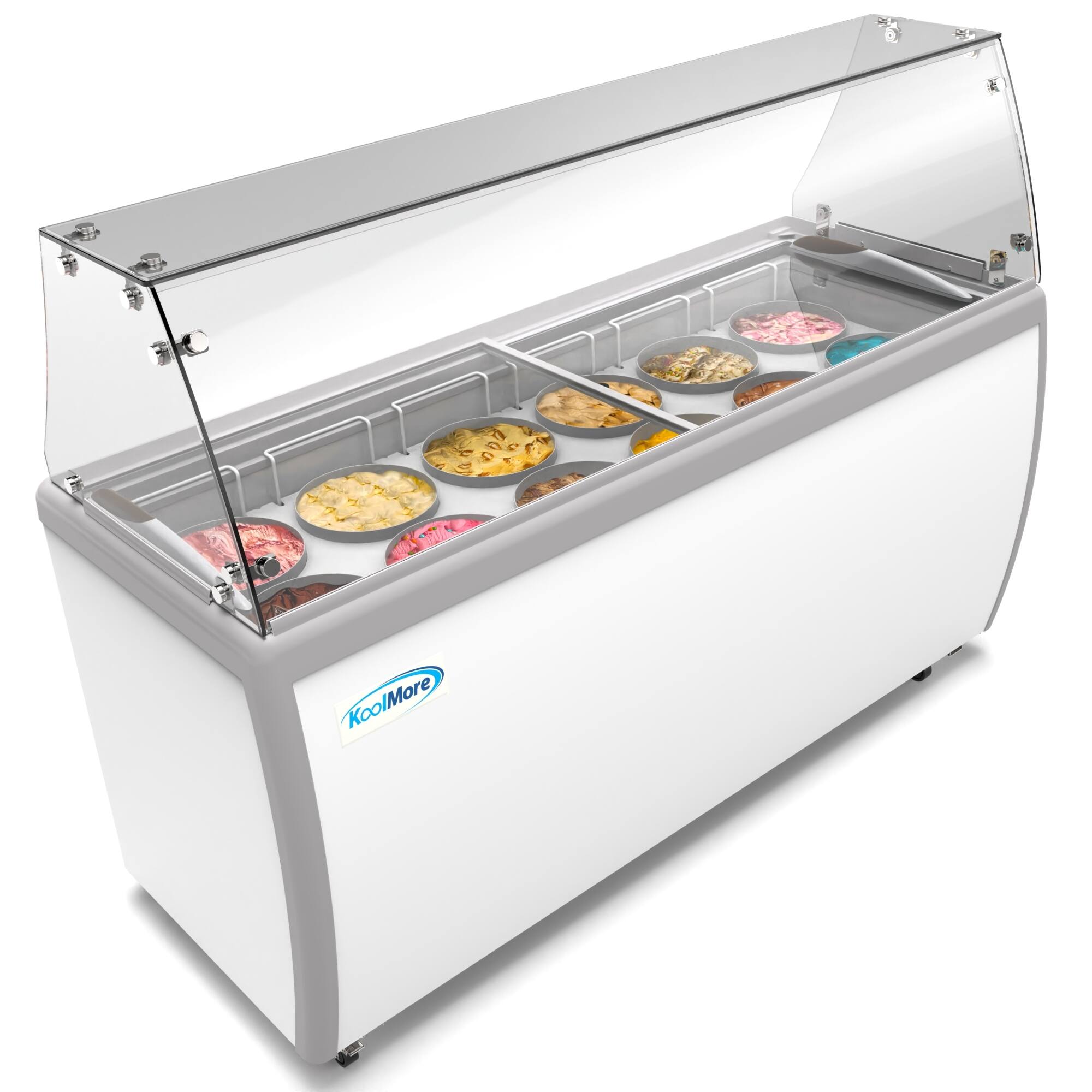 Angle. Koolmore - 70 in. 12 Tub Ice Cream Dipping Cabinet Display Freezer with Sliding Glass Door and Sneeze Guard, 20 cu. ft. - White.