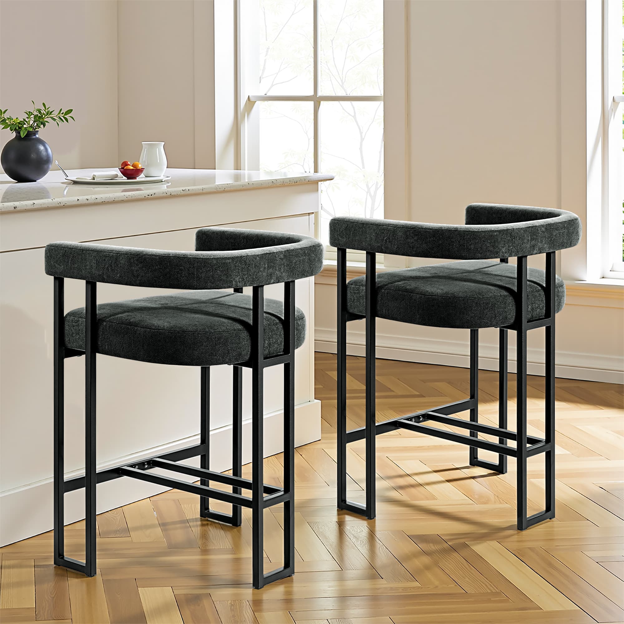 KERDOM - 26'' Height Cloud Velvet Pub Bar Seats, Kitchen Island Stools with Arms Bar Stools Set of 2, Counter Padded High Chair - Carbon Black