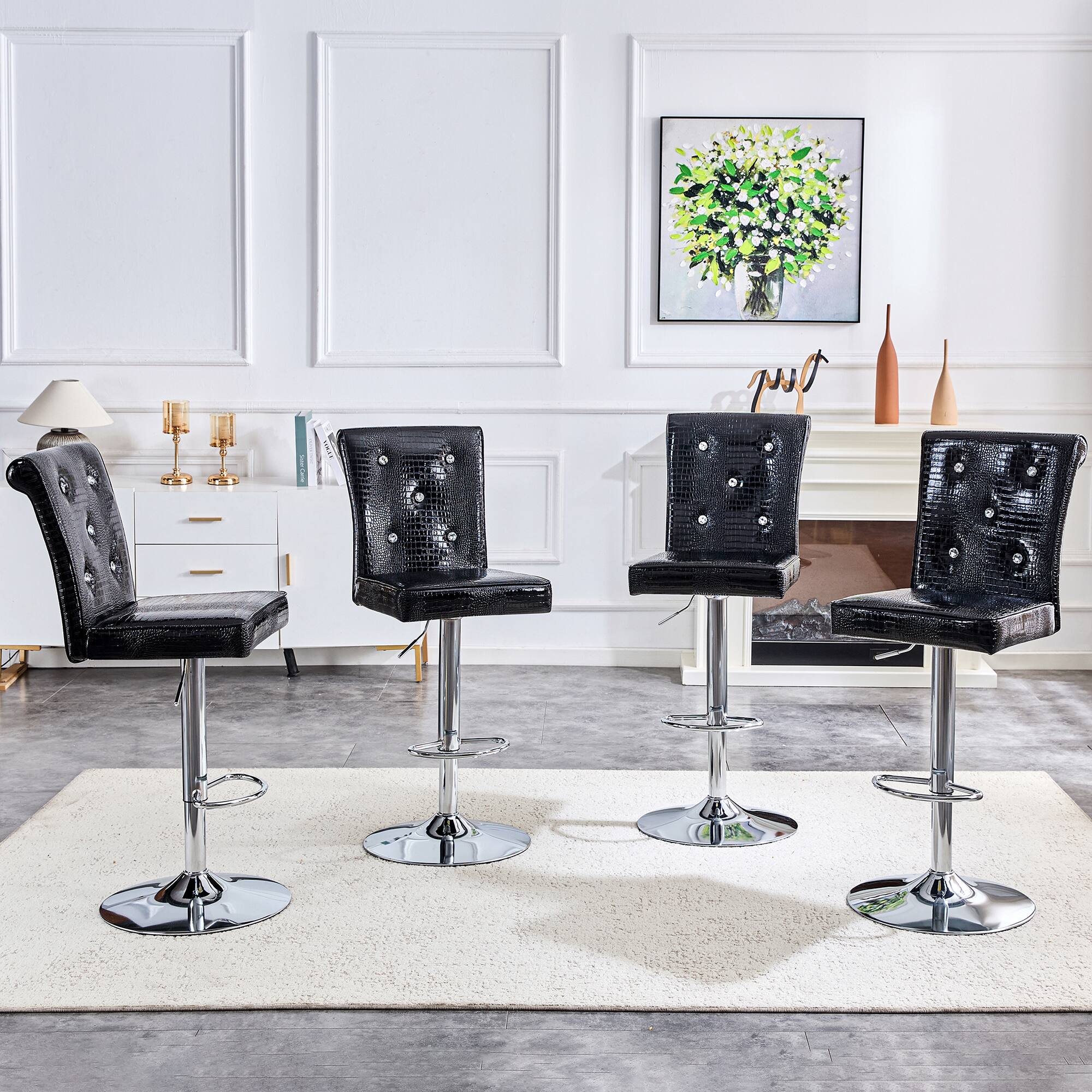 Back. Loheer - Vintage Faux Crocodile Lift Bar Stools Set of 2 Crystal Tufted 1.8x1.42x4.08 ft - Black.