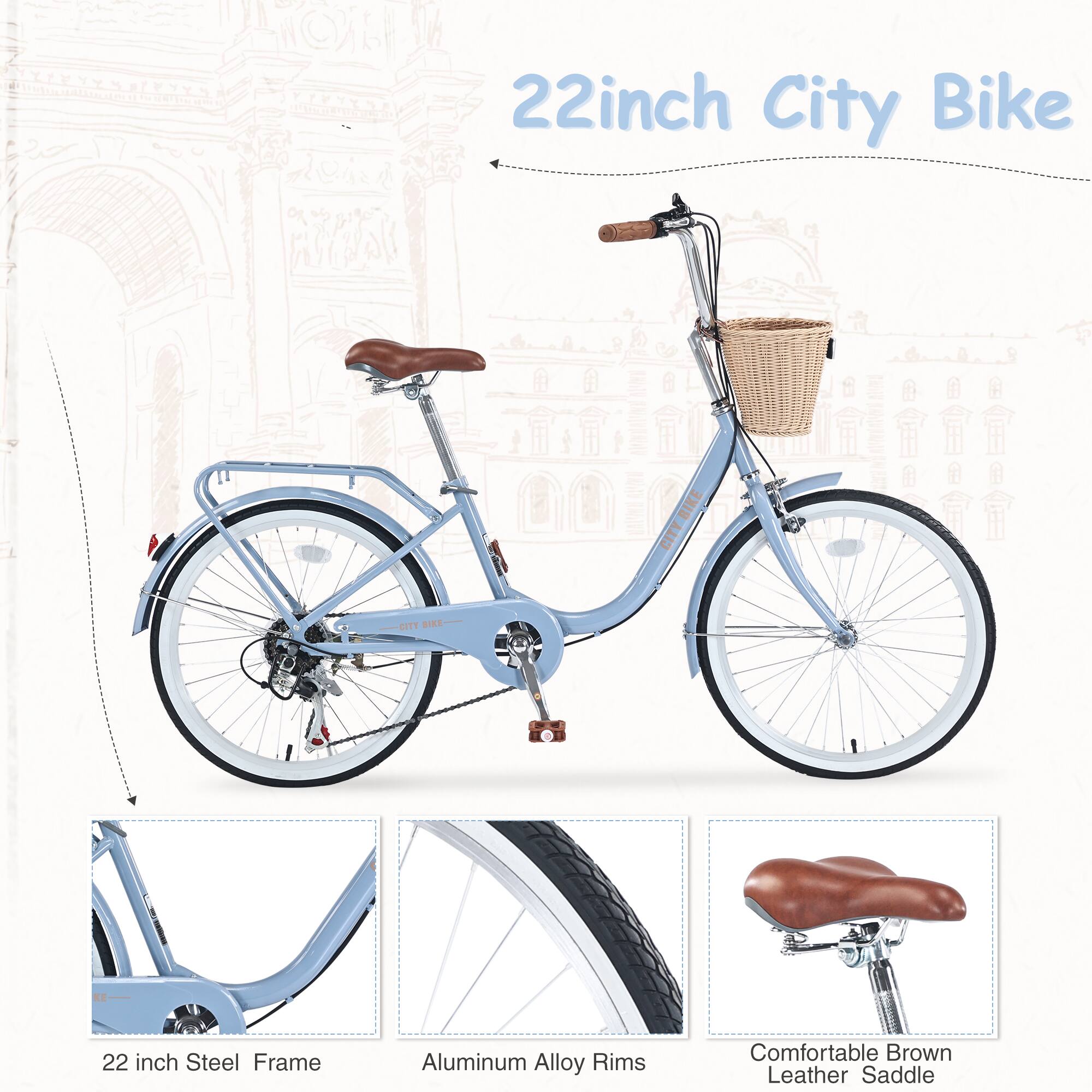 22 inch City Bike  
22 inch Steel Frame  
Aluminum Alloy Rims  
Comfortable Brown Leather Saddle